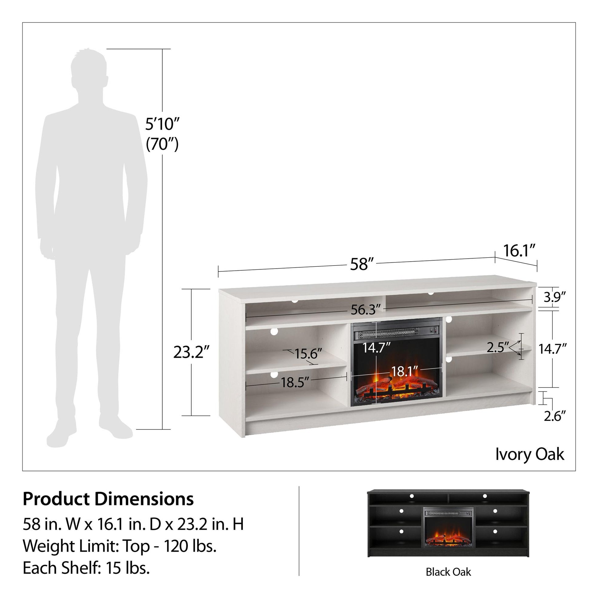Hendrix 65" TV Stand with Electric Fireplace Insert and 6 Shelves - Black Oak
