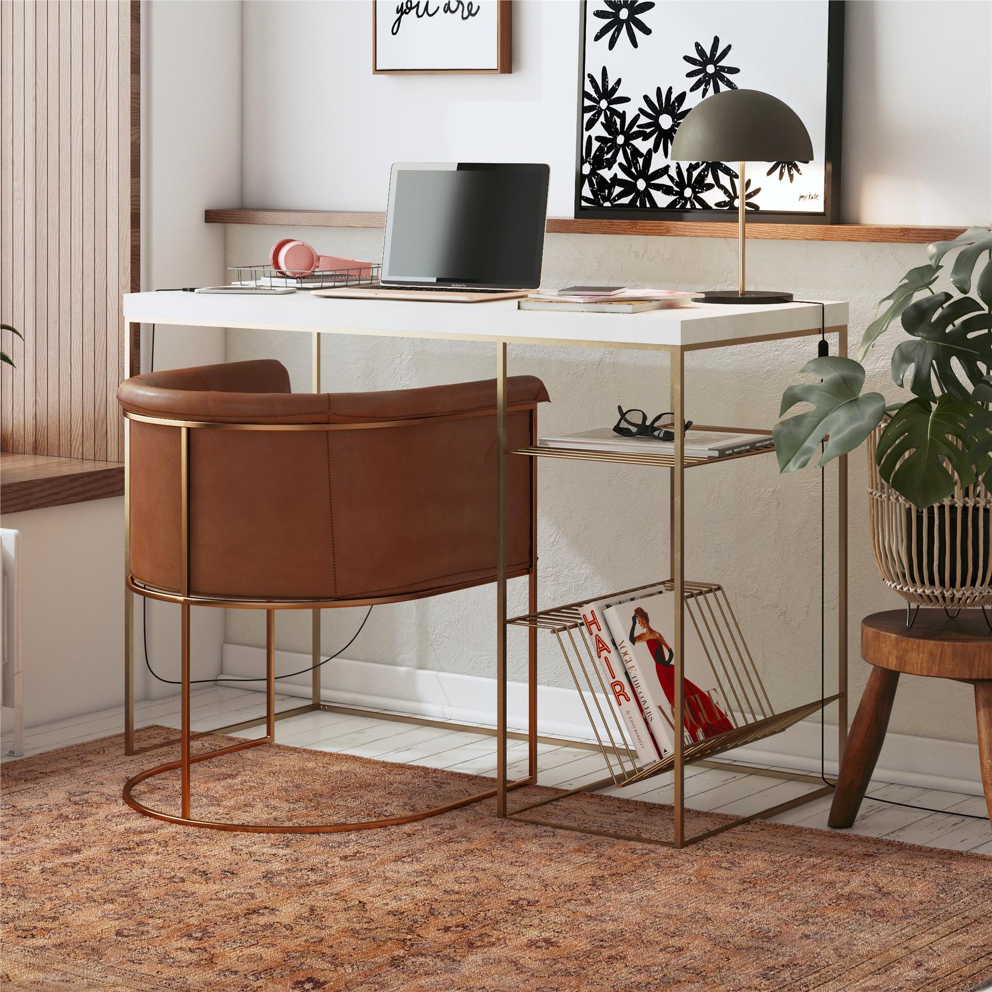 Neely Desk Mixed Media with Flat and Angled Shelves - Plaster