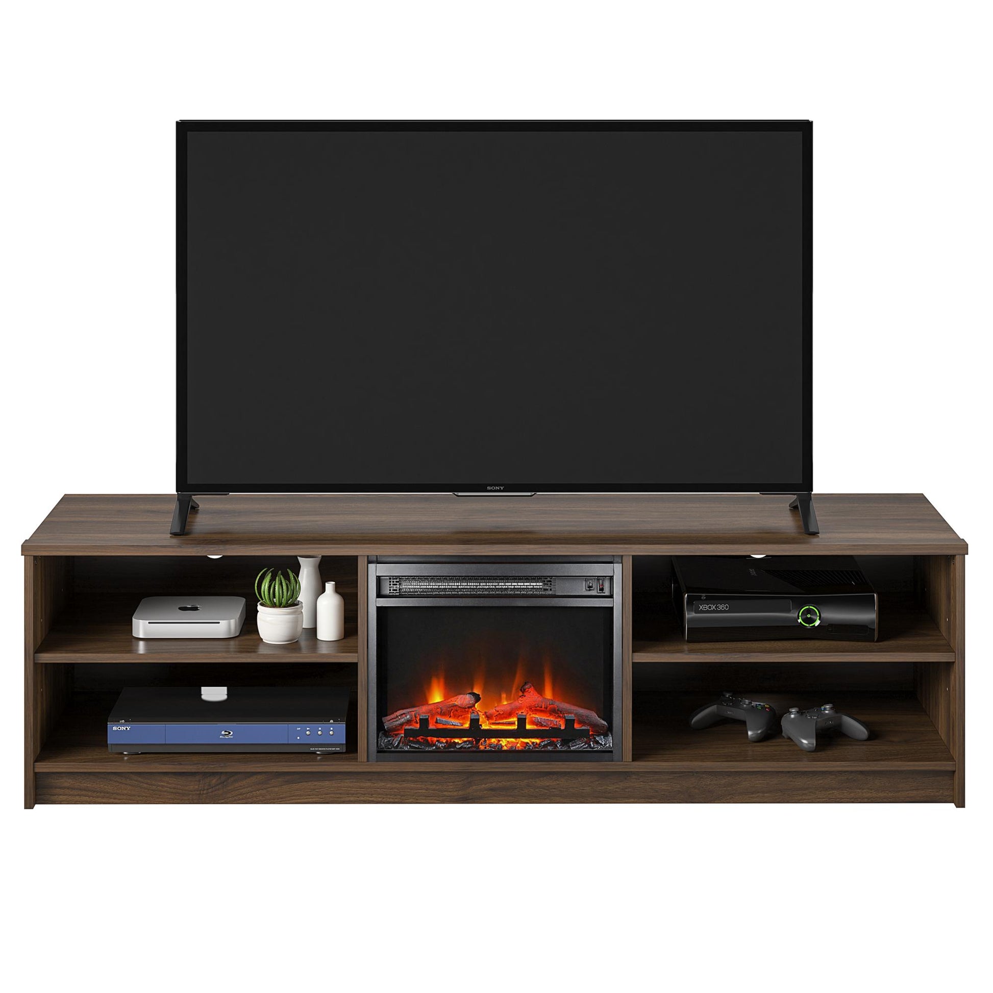 Noble 75" TV Stand with Electric Fireplace Insert and 4 Shelves - Walnut