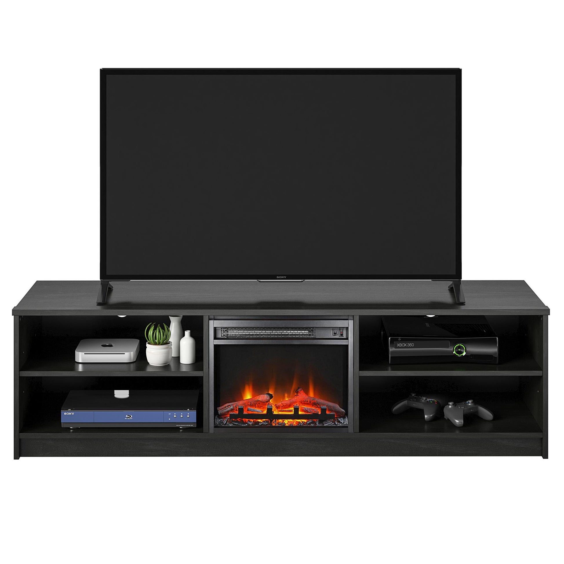Noble 75" TV Stand with Electric Fireplace Insert and 4 Shelves - Black Oak