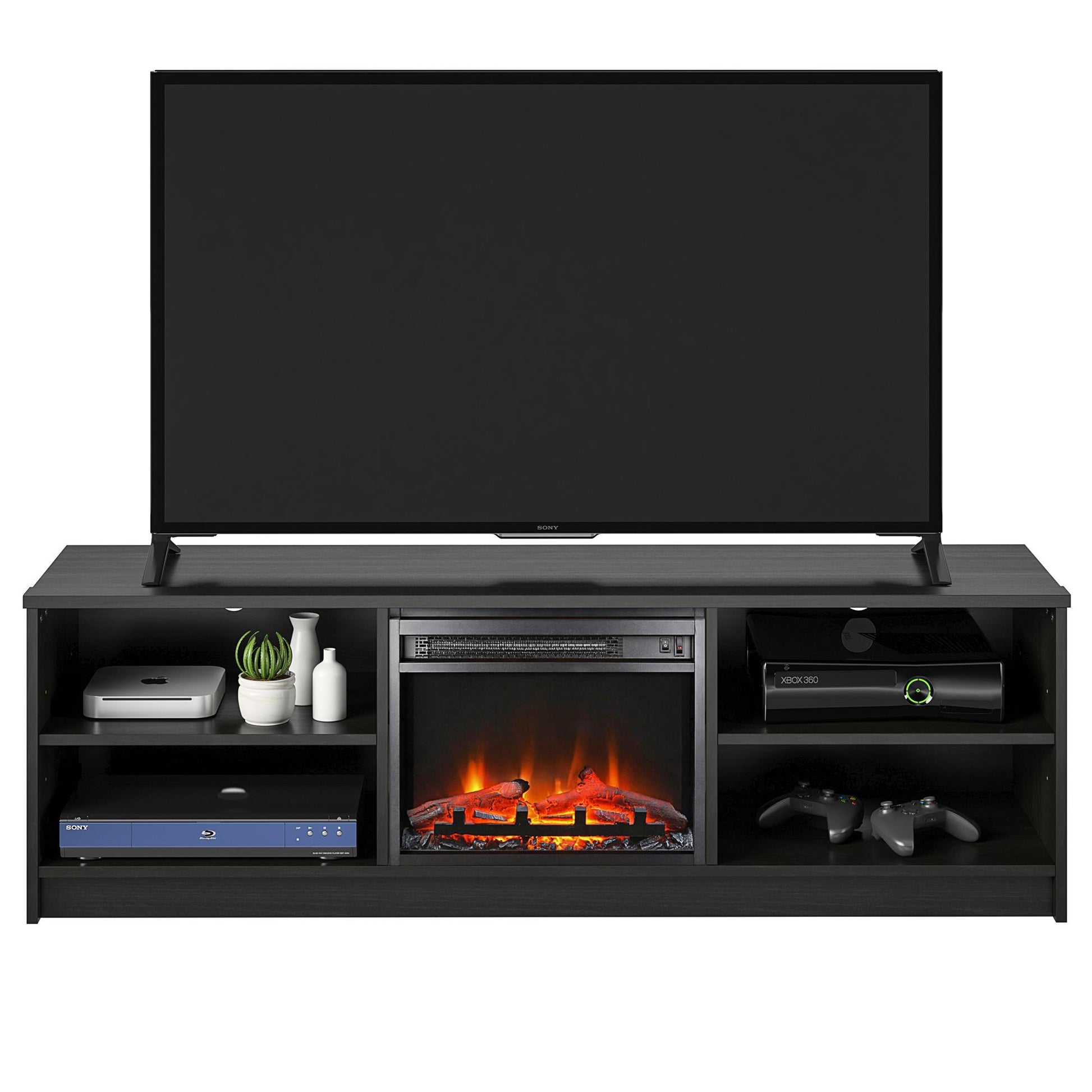 Noble 65” TV Stand with Electric Fireplace Insert and 4 Shelves - Black Oak