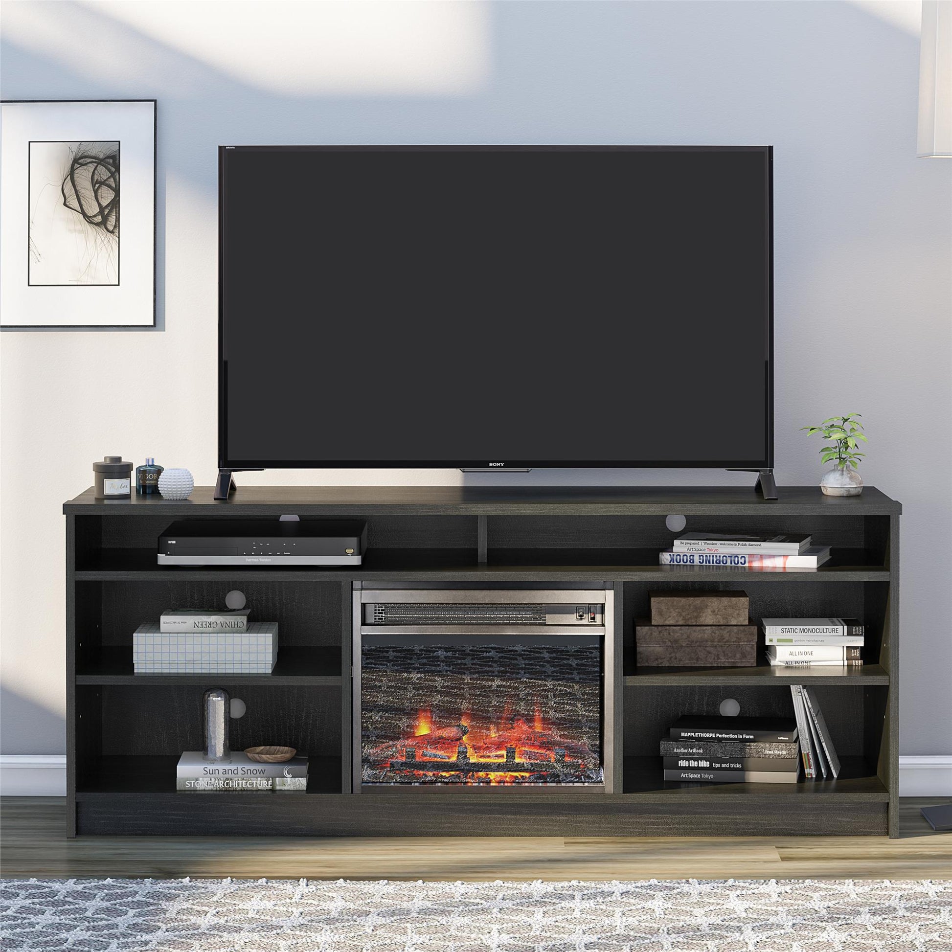 Hendrix 65" TV Stand with Electric Fireplace Insert and 6 Shelves - Black Oak