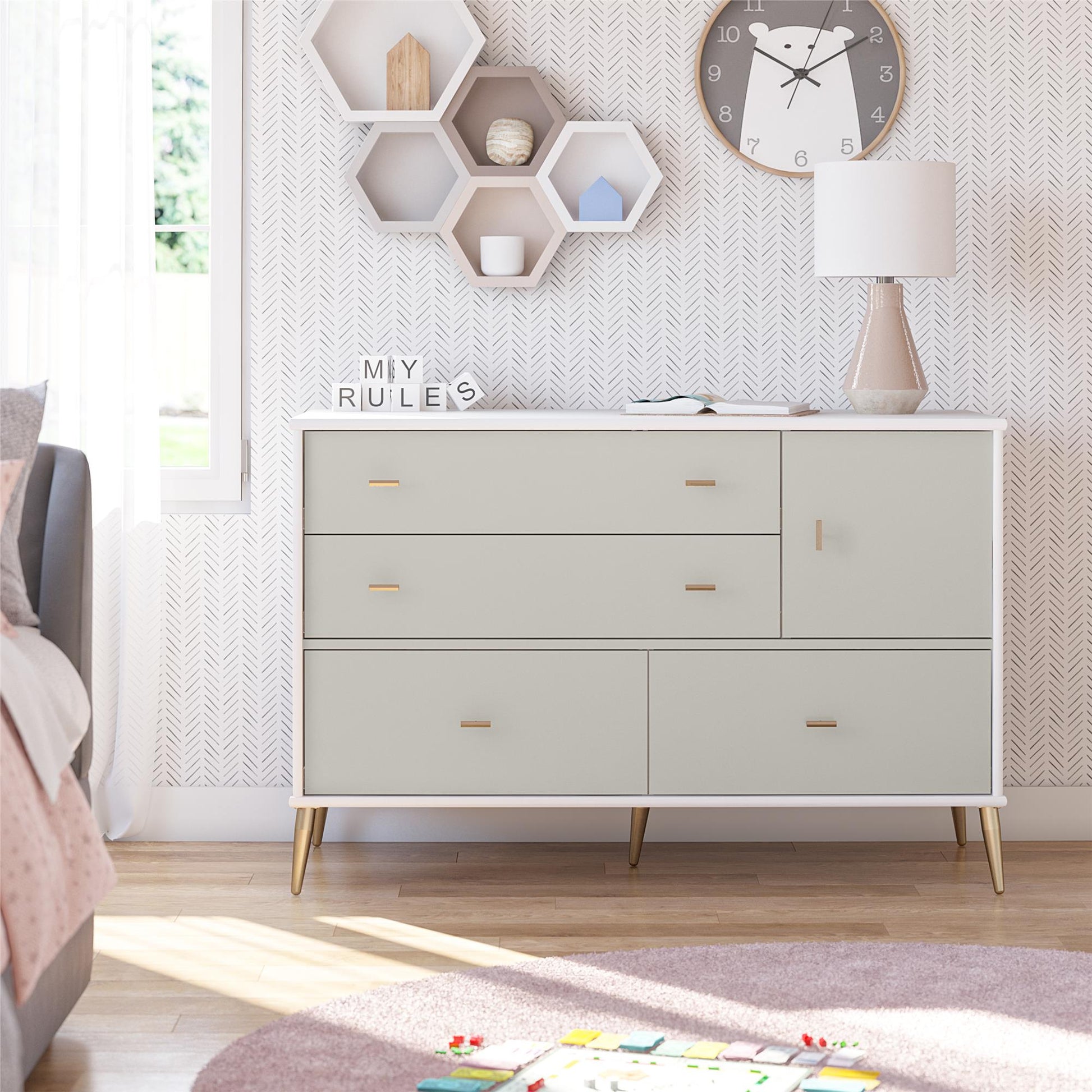Valentina Asymmetrical 4 Drawer / 1 Door Convertible Dresser - White / Grey