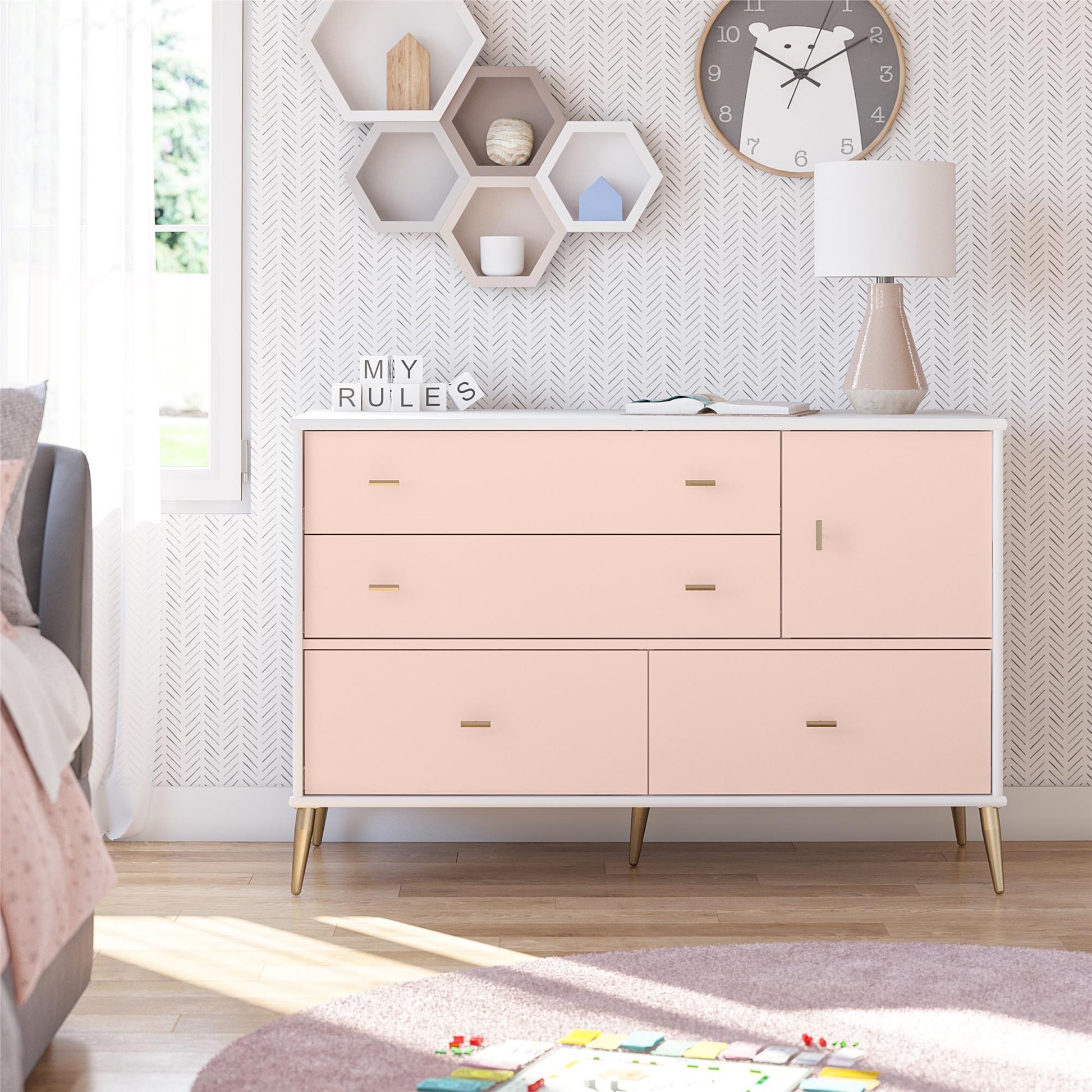 Little Seeds Valentina Asymmetrical 4 Drawer / 1 Door Convertible Dresser - Pale Pink
