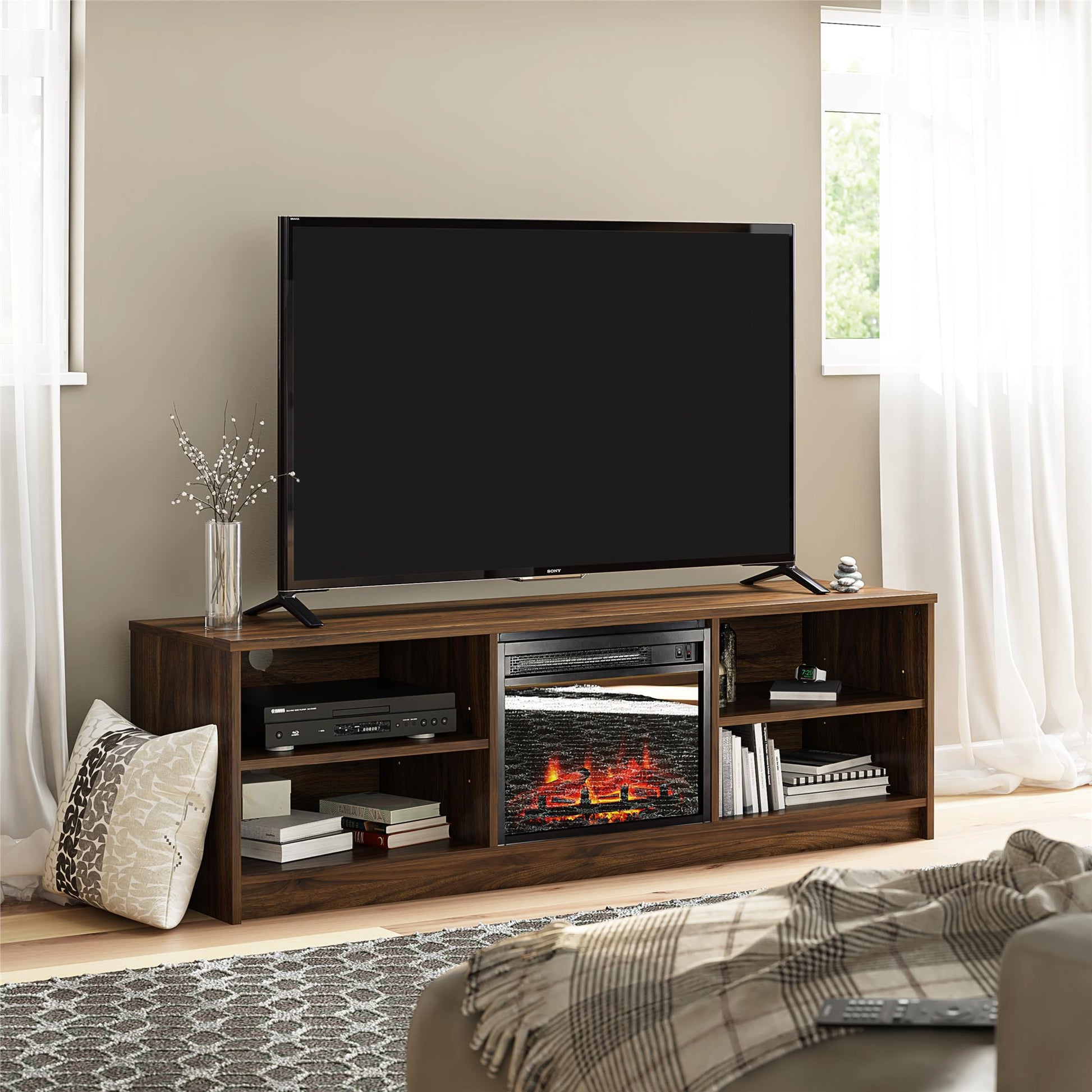 Noble 65” TV Stand with Electric Fireplace Insert and 4 Shelves - Walnut