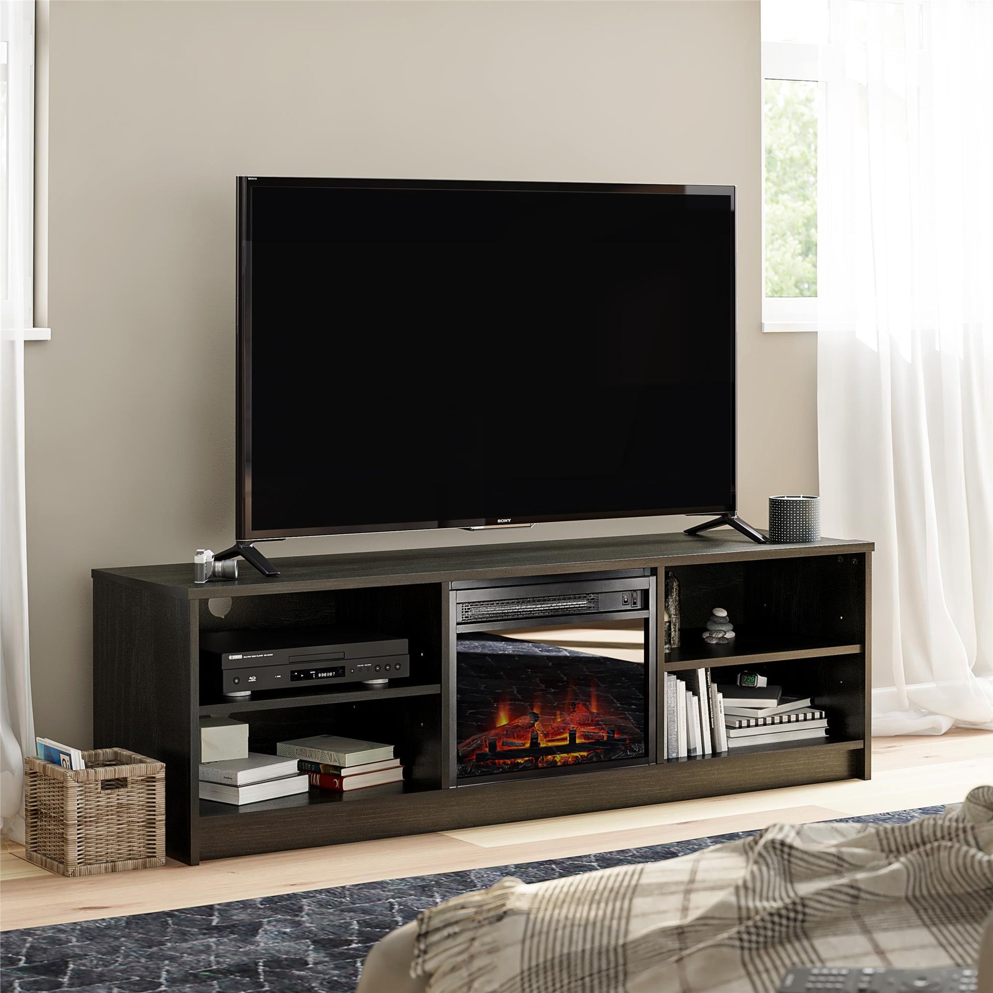 Noble 65” TV Stand with Electric Fireplace Insert and 4 Shelves - Black Oak