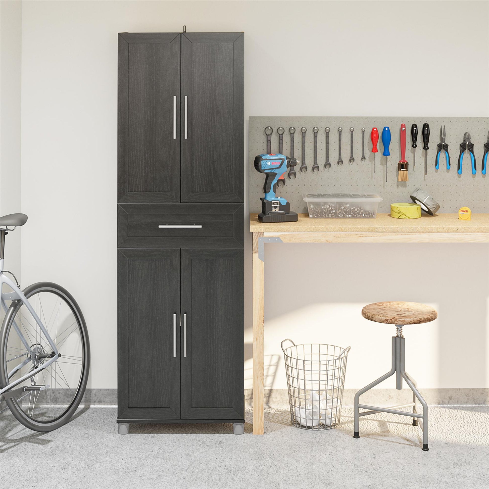 Camberly Framed 4 Door/1 Drawer Storage Cabinet, Black Oak - Black Oak