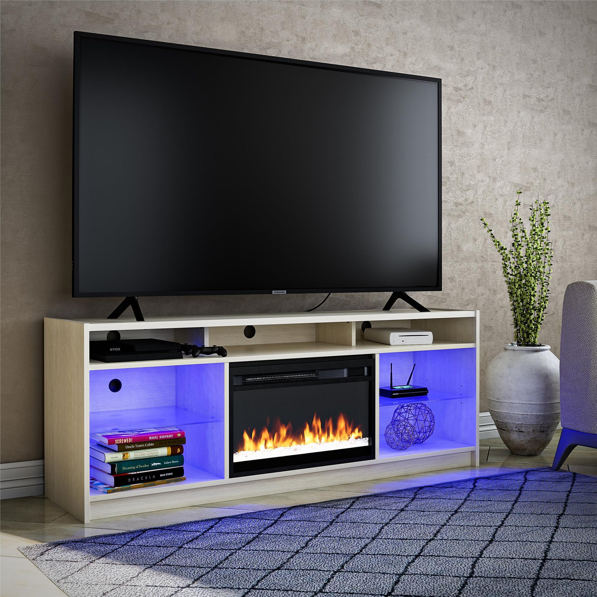 Luna 65 In Fireplace TV Stand - Ivory Oak