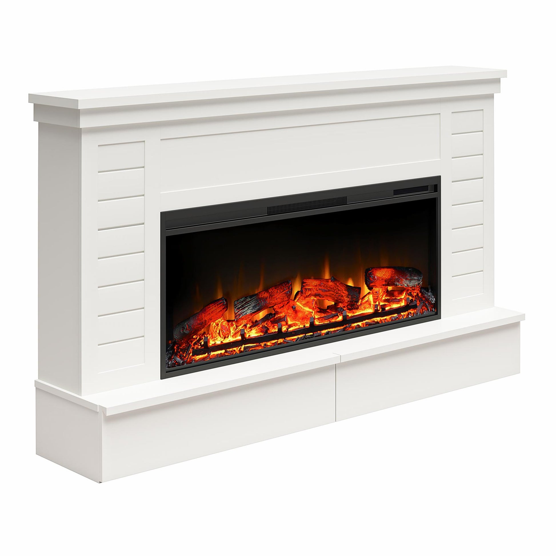 Hathaway Wide Shiplap Mantel with Linear Electric Fireplace - White