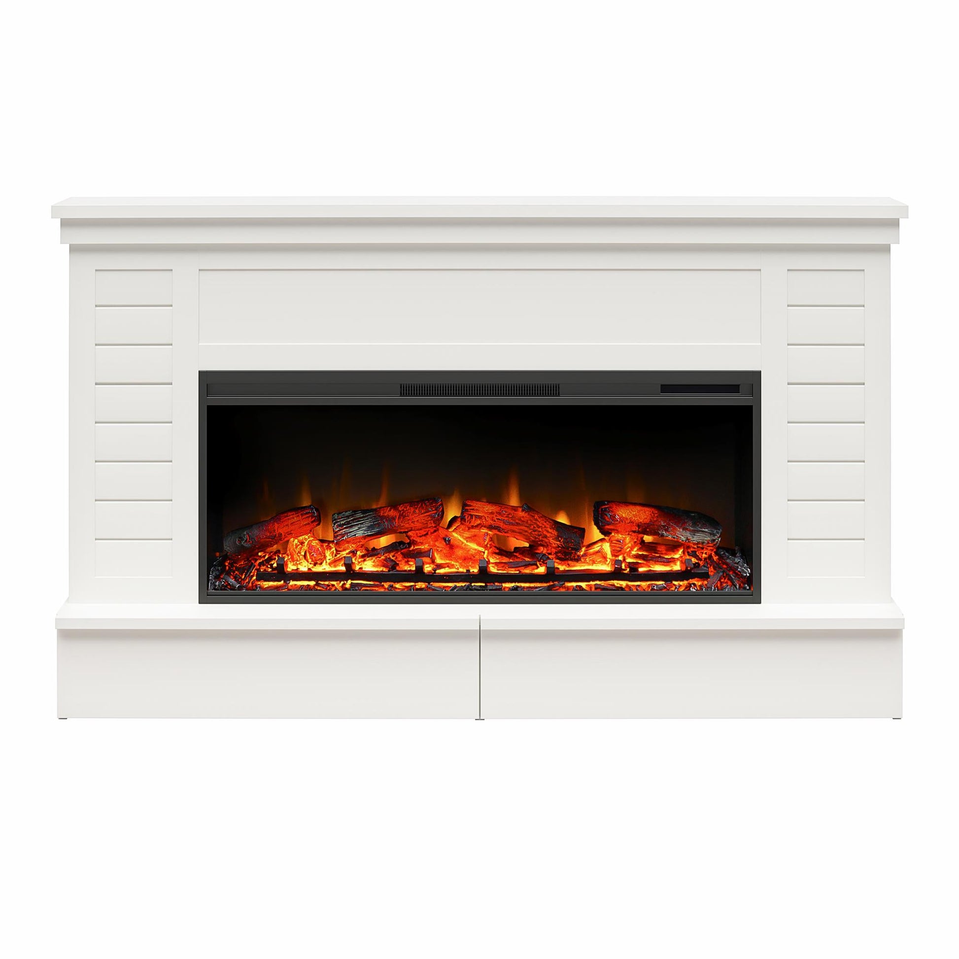 Hathaway Wide Shiplap Mantel with Linear Electric Fireplace - White