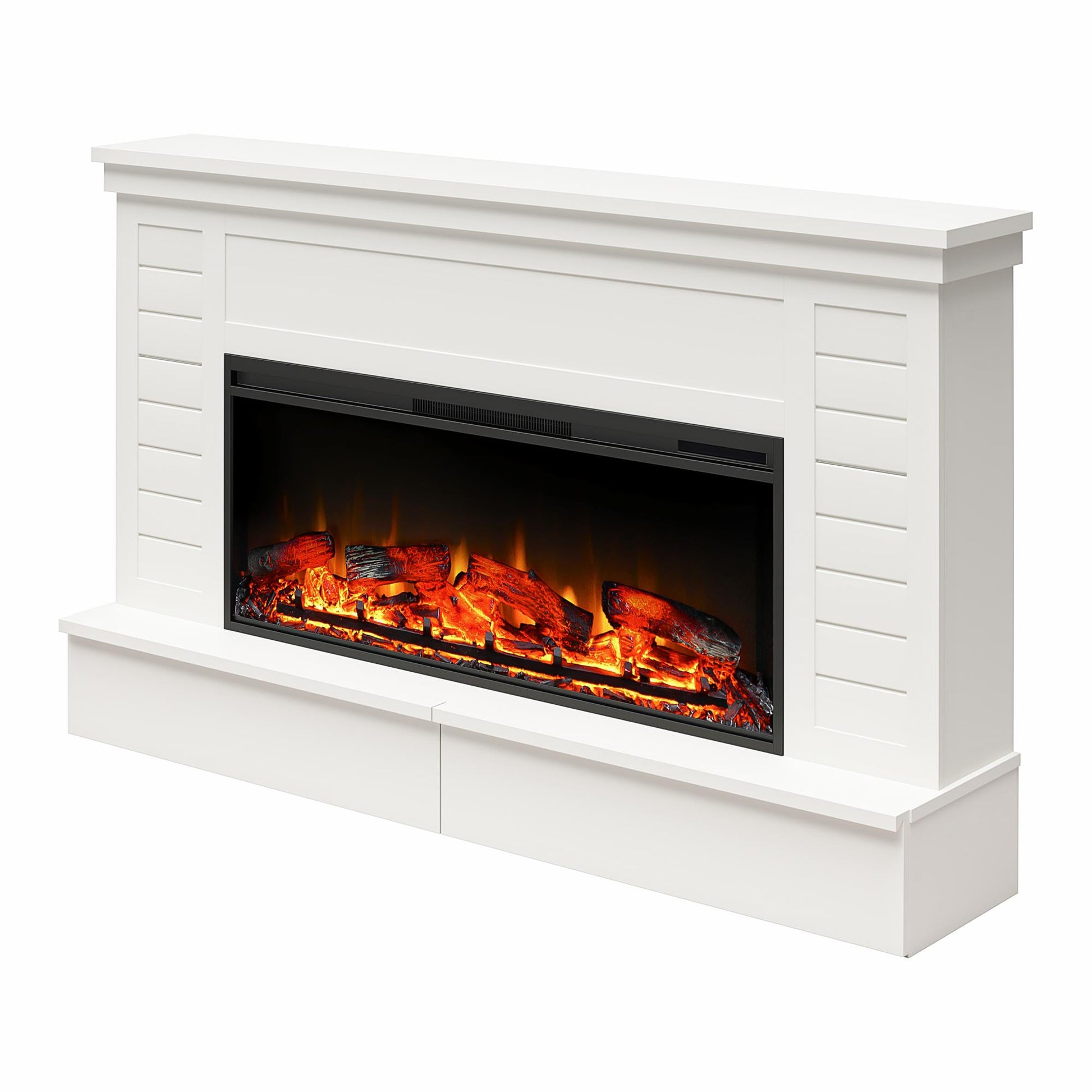 Hathaway Wide Shiplap Mantel with Linear Electric Fireplace - White