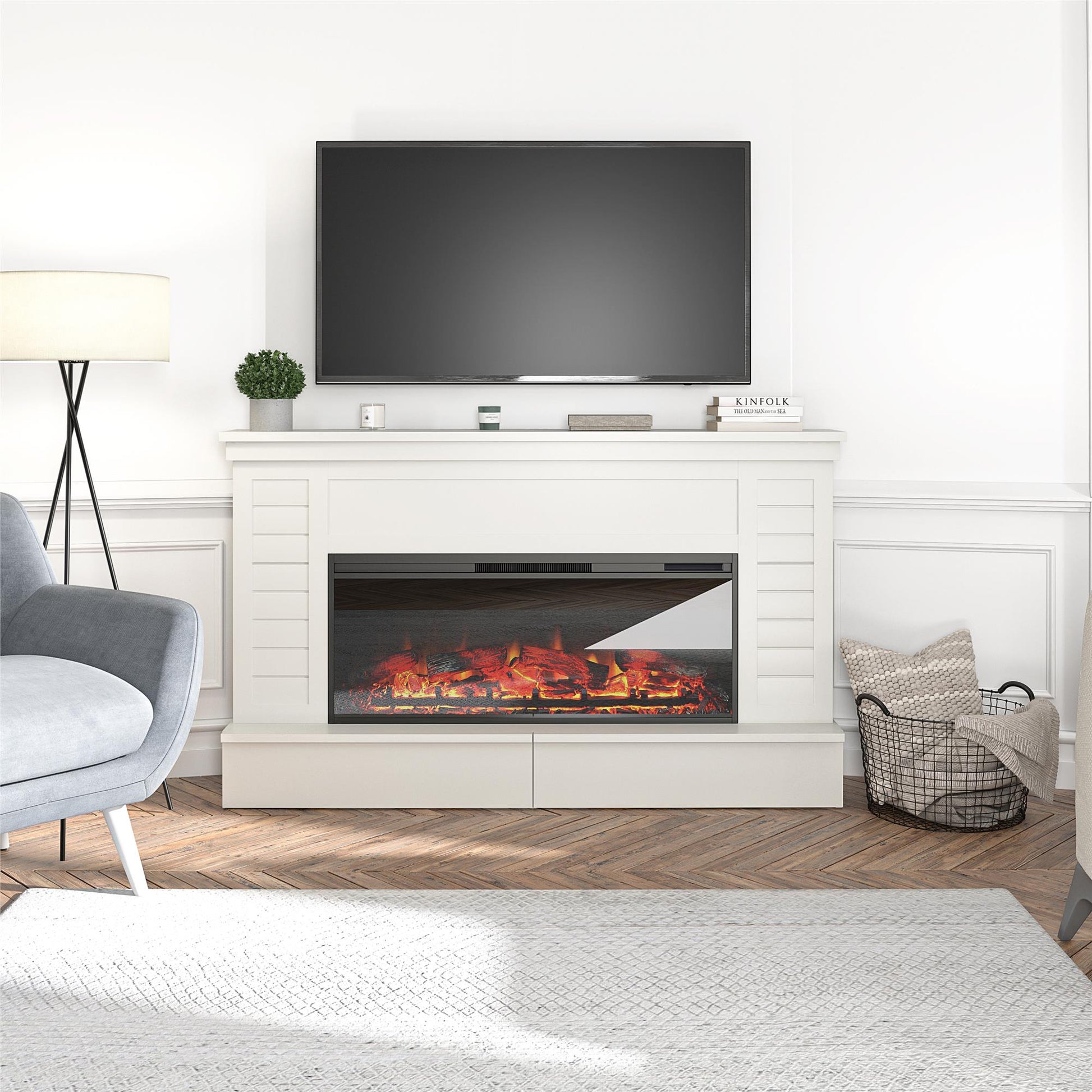 Hathaway Wide Shiplap Mantel with Linear Electric Fireplace - White