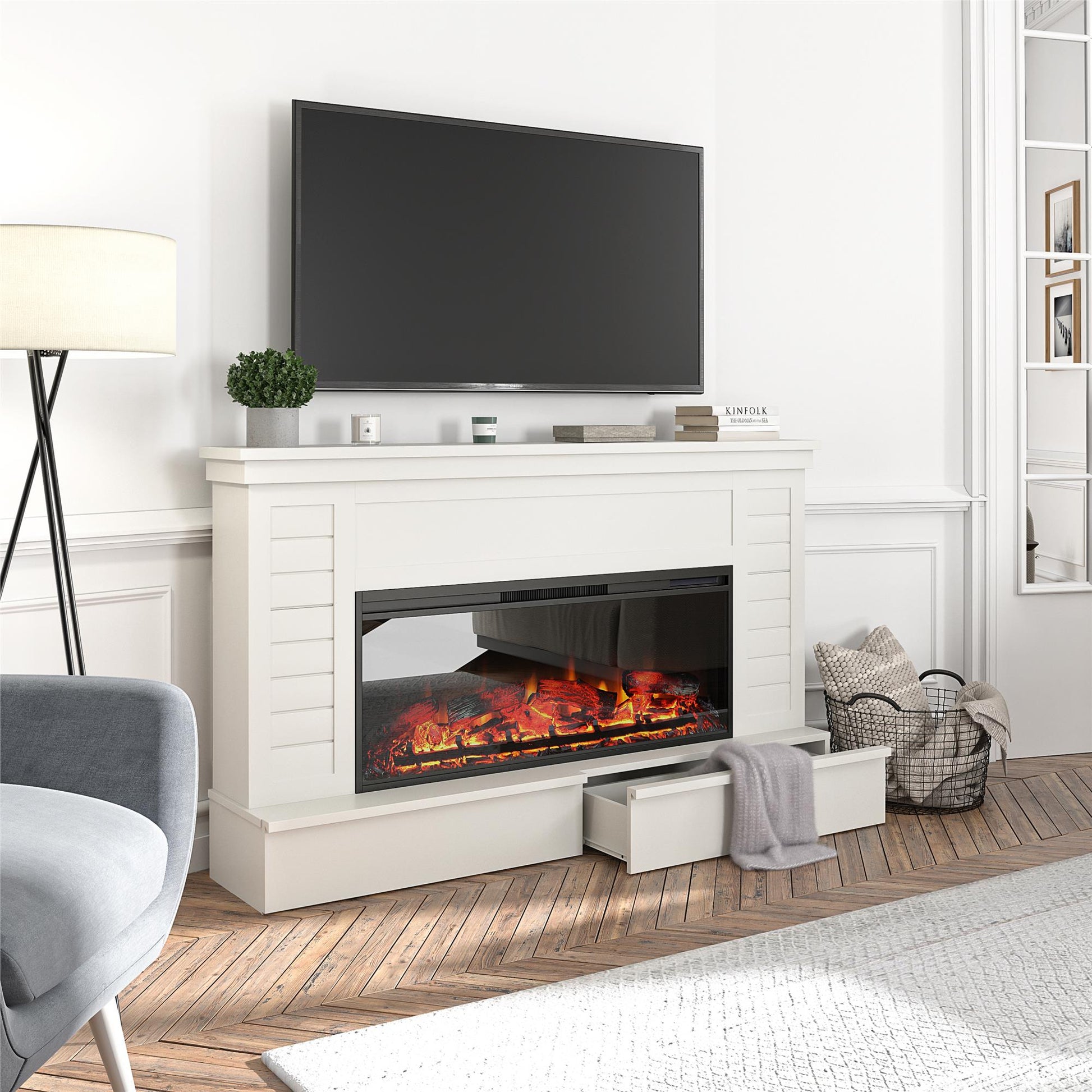 Hathaway Wide Shiplap Mantel with Linear Electric Fireplace - White