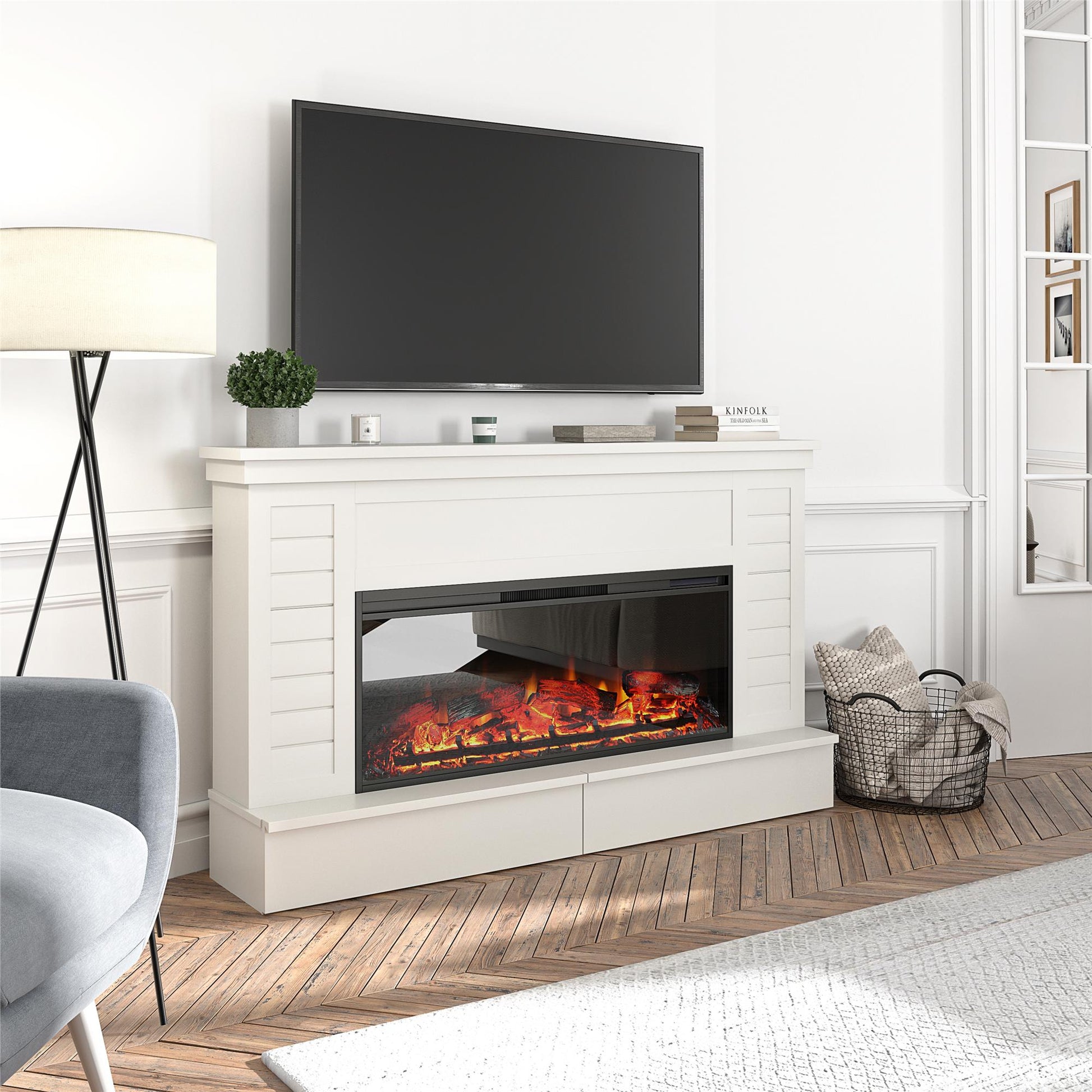 Hathaway Wide Shiplap Mantel with Linear Electric Fireplace - White