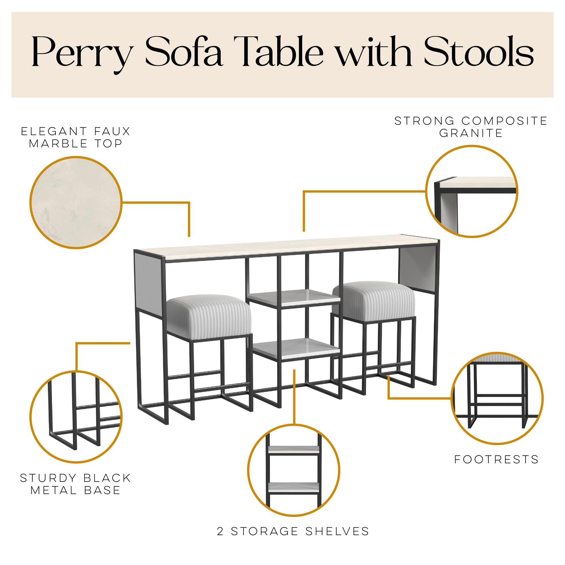 Perry Sofa Table with Stools - White