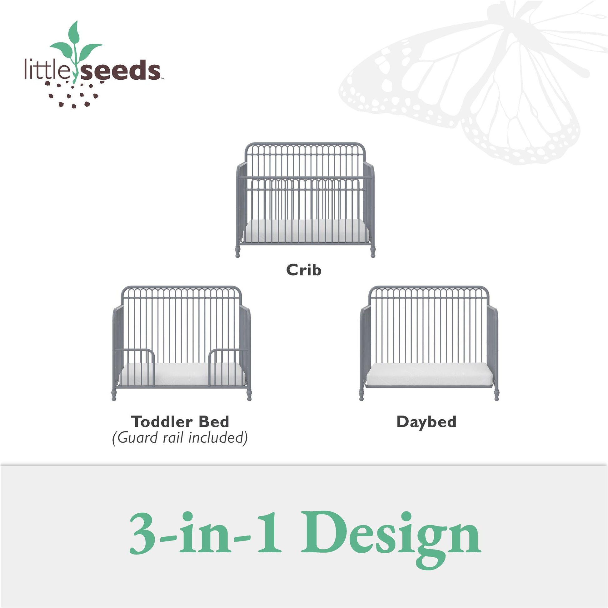 Ivy 3 in 1 Convertible Metal Crib - Dove Gray