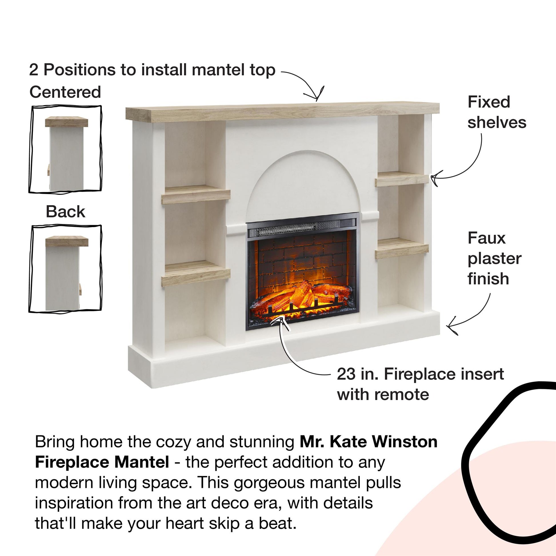 Winston Fireplace Mantel with Built-in Bookshelves - Plaster