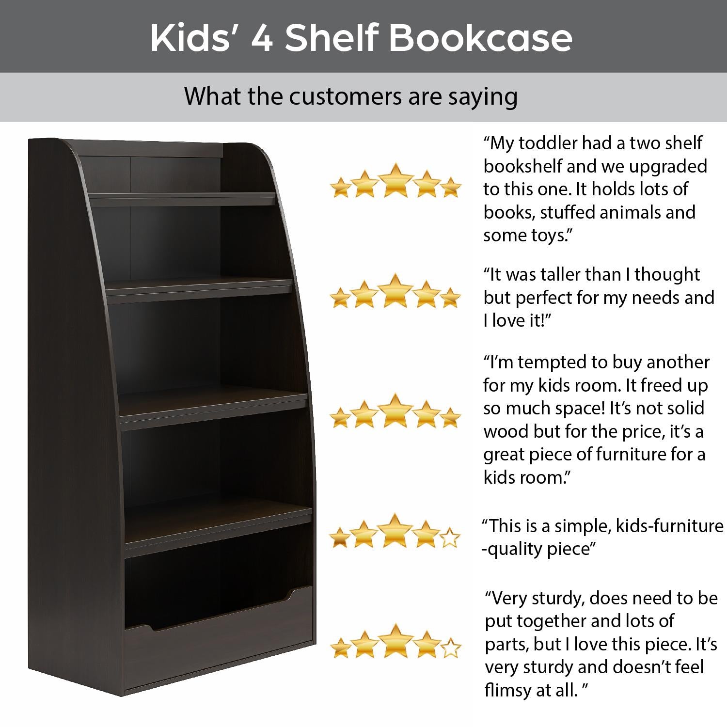 Mia Kids 4 Shelf Ladder Bookcase with Toy Storage - Espresso