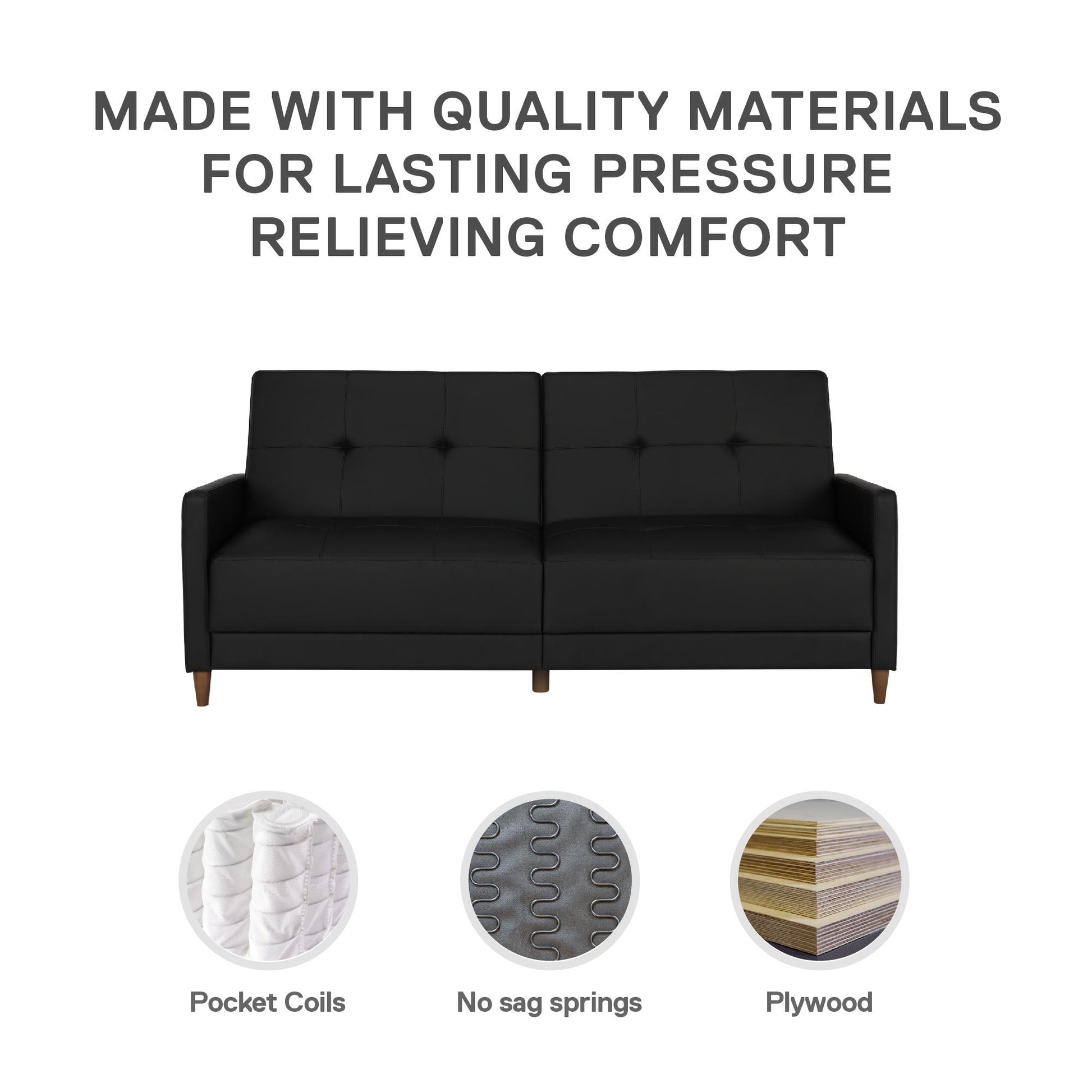 Andora Tufted Upholstered Coil Futon with Wooden Legs - Black Faux Leather