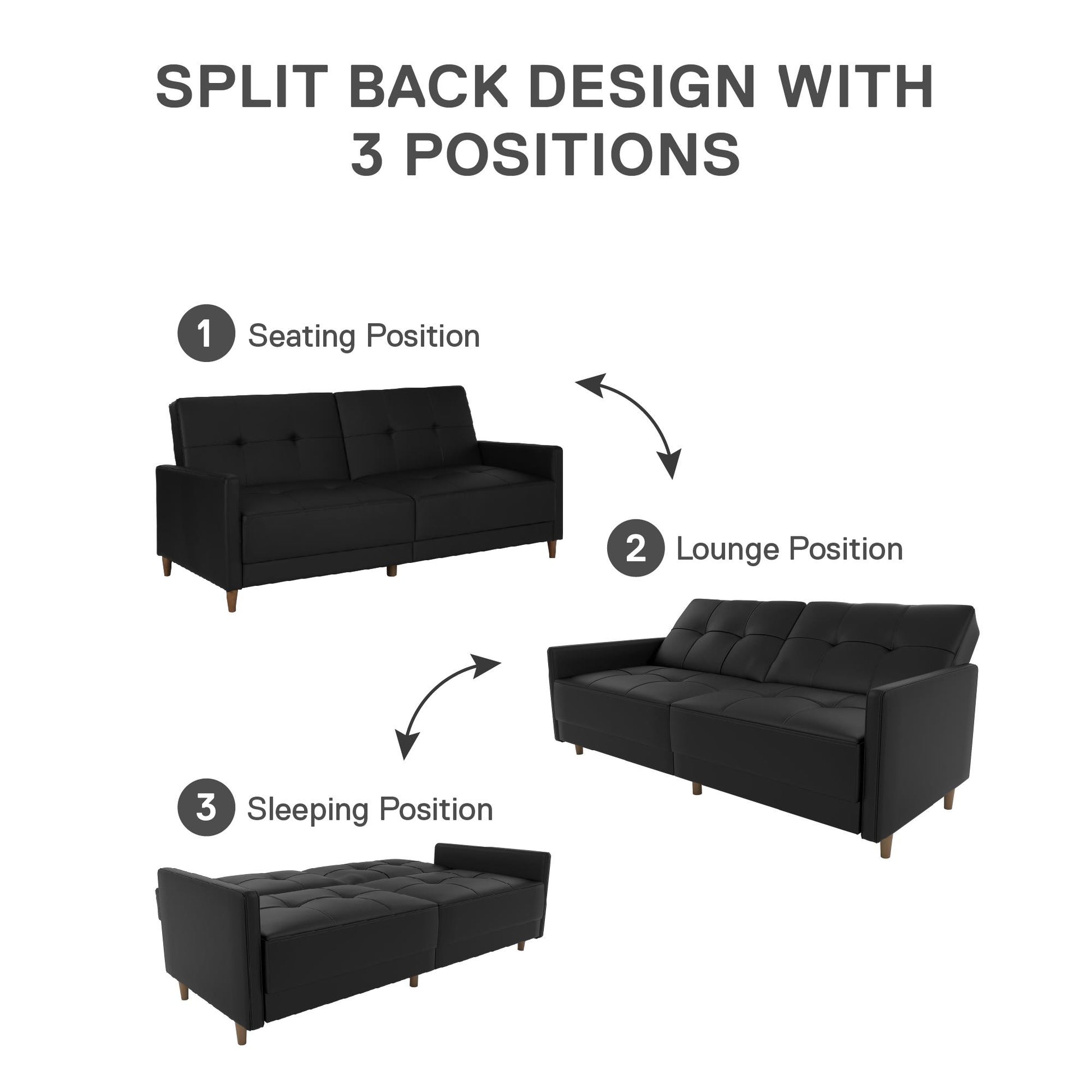 Andora Tufted Upholstered Coil Futon with Wooden Legs - Black Faux Leather