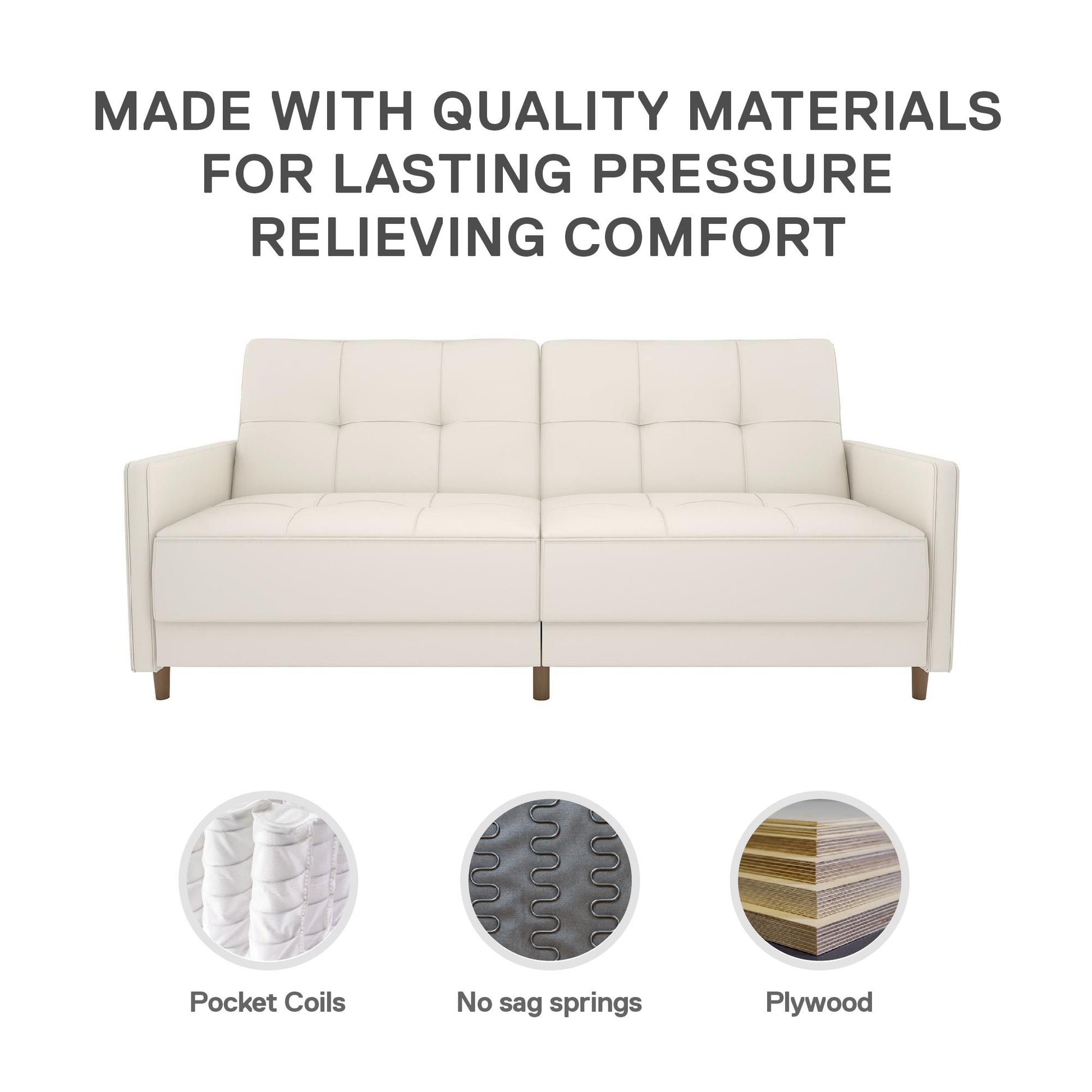 Andora Tufted Upholstered Coil Futon with Wooden Legs - White Faux leather