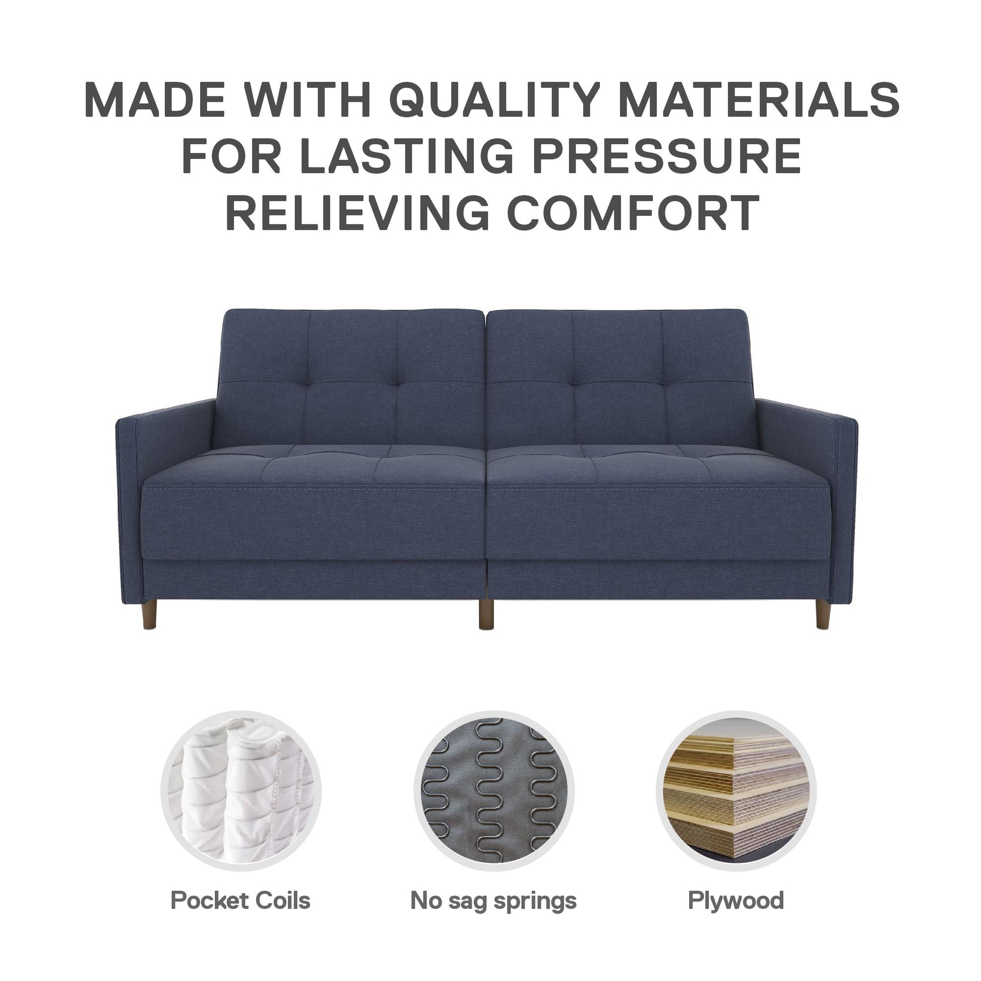 Andora Tufted Upholstered Coil Futon with Wooden Legs - Navy Linen