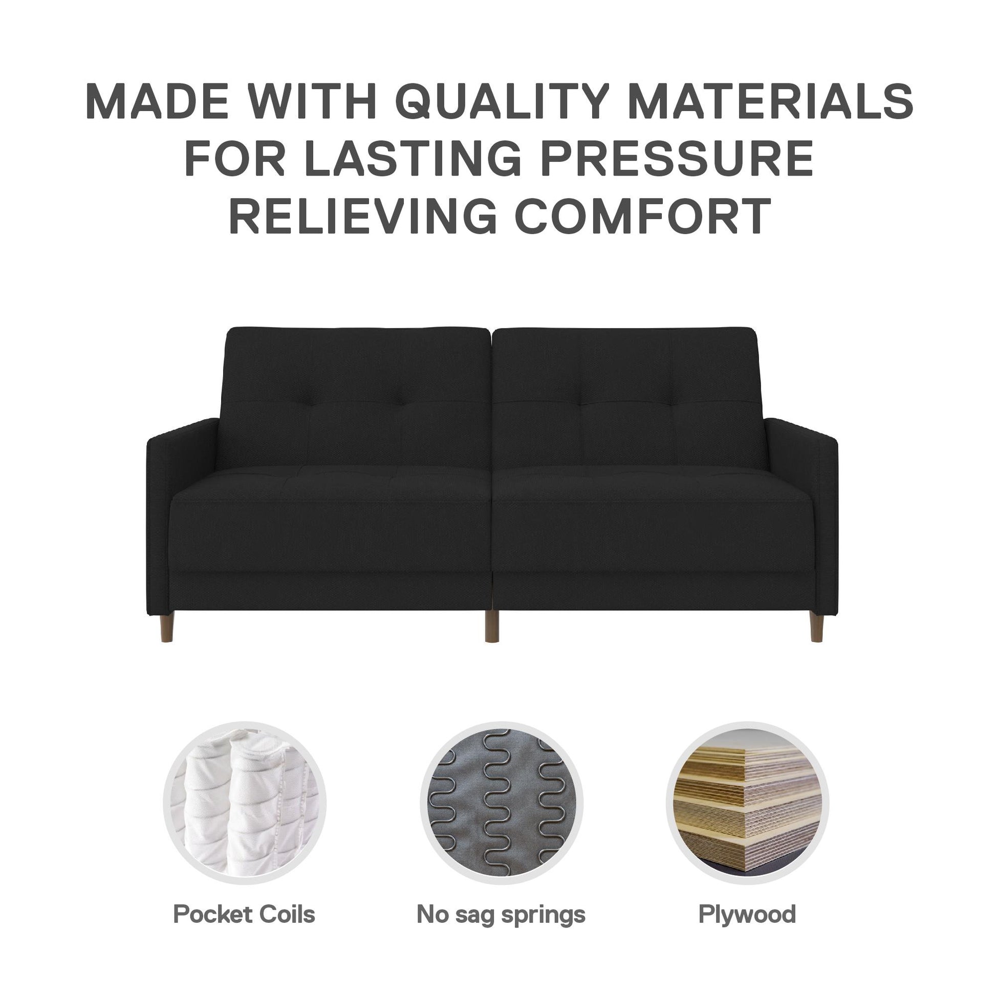 Andora Tufted Upholstered Coil Futon with Wooden Legs - Black