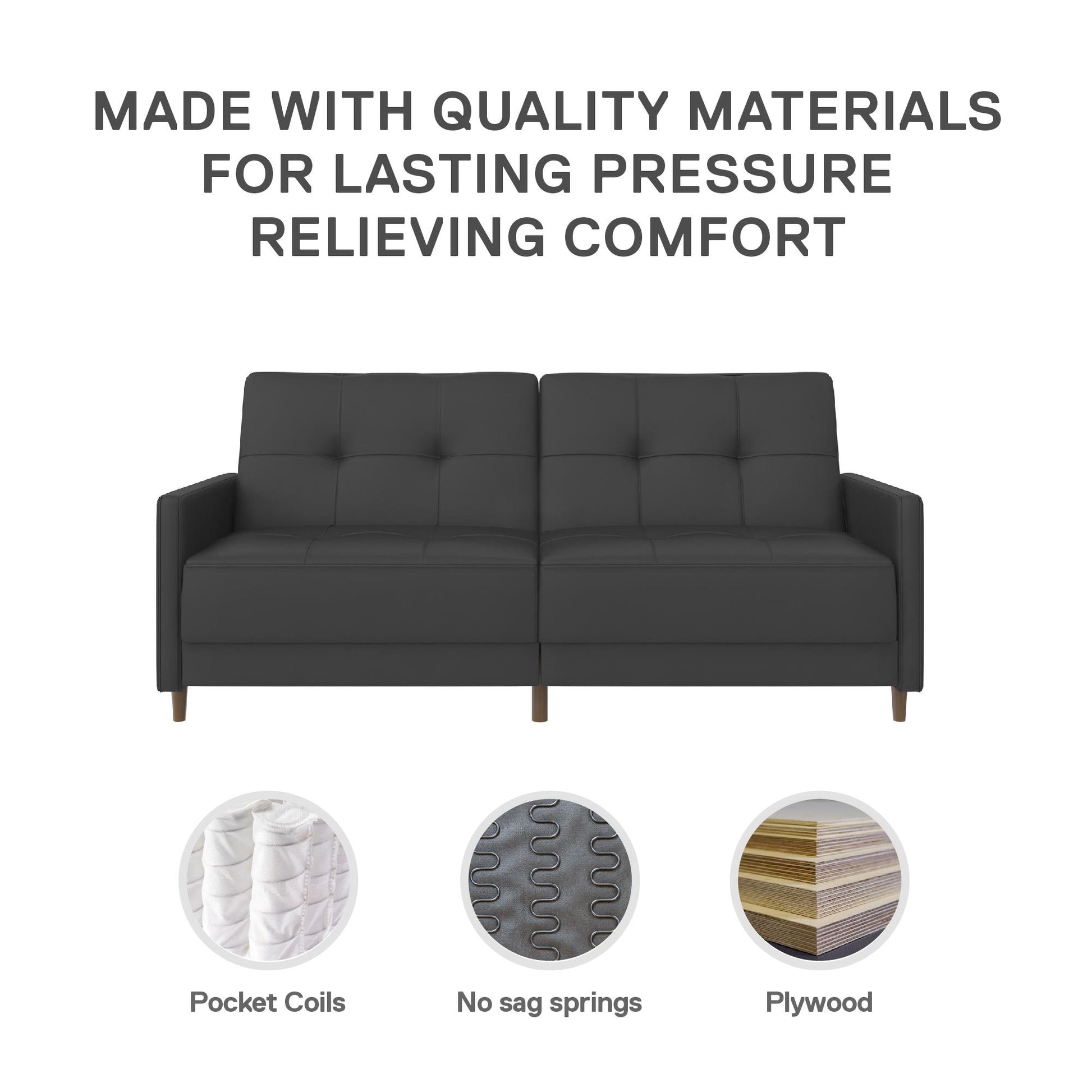 Andora Tufted Upholstered Coil Futon with Wooden Legs - Gray
