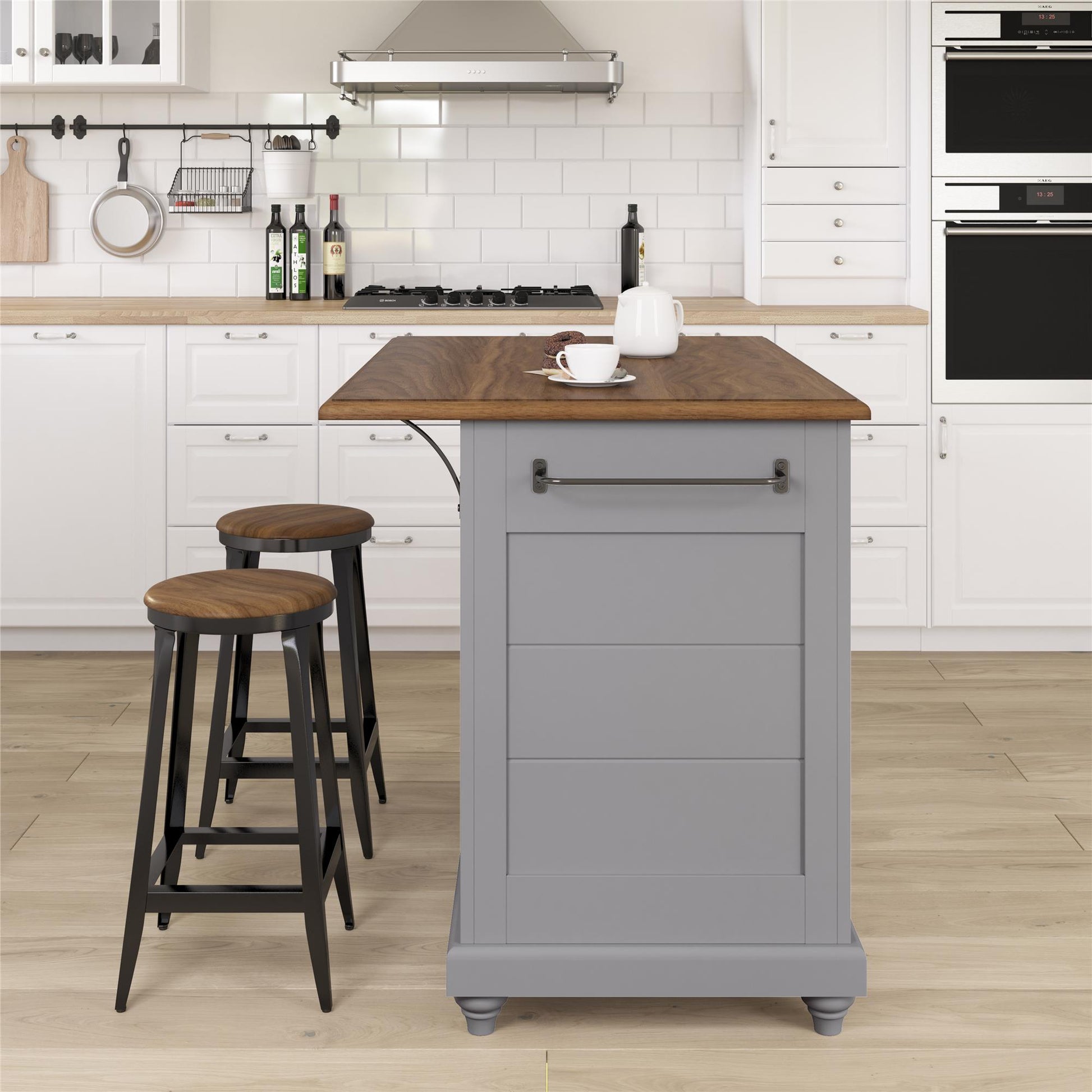 DHP Kelsey Kitchen Island with 2 Stools, Gray - Gray