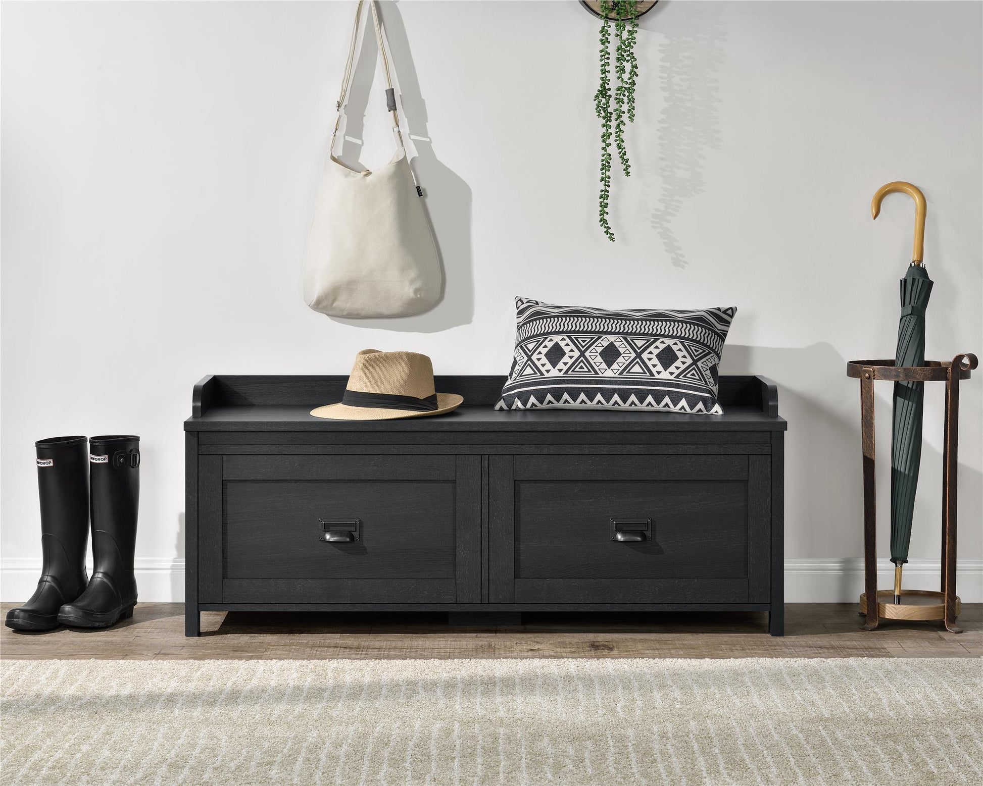 Farmington Rustic Farmhouse Entryway Storage Bench with Drawers - Black Oak