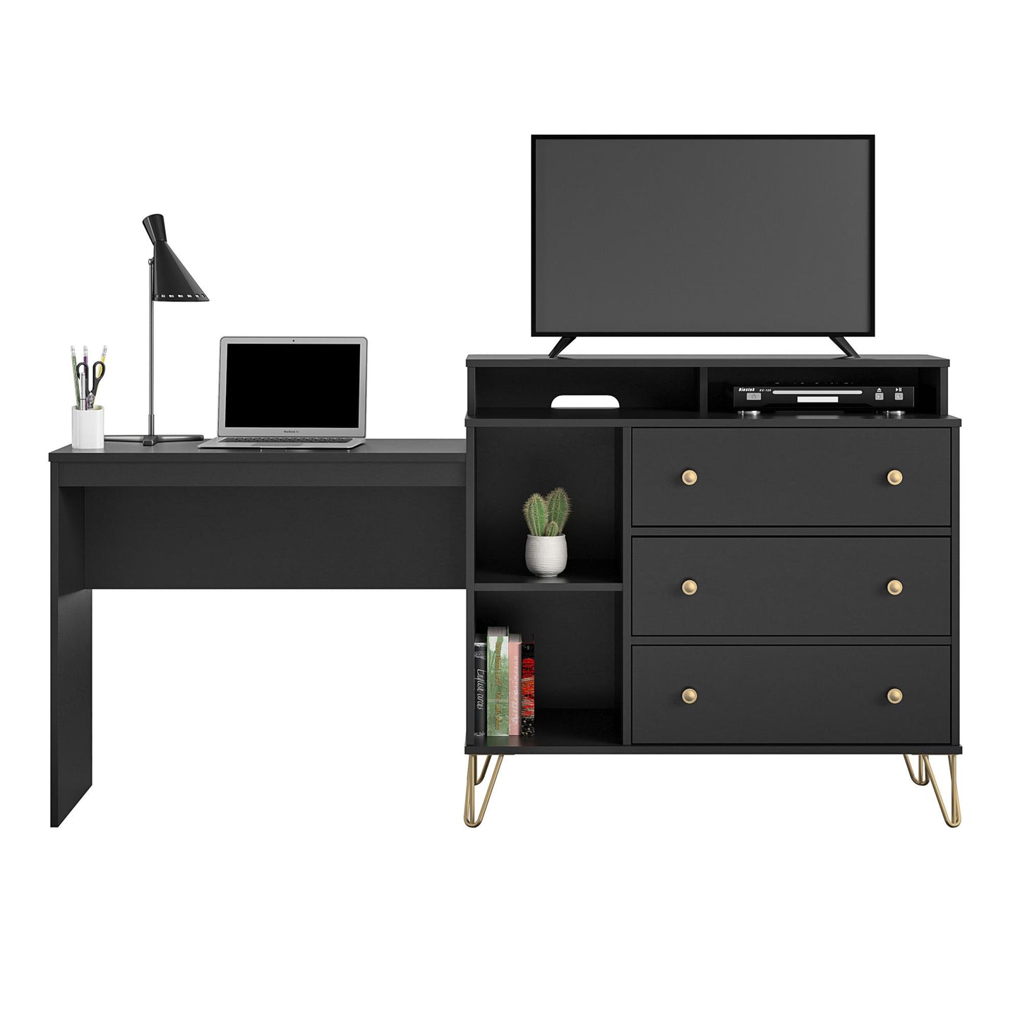Owen 3 in 1 Media Dresser and Desk Combo, Black - Black