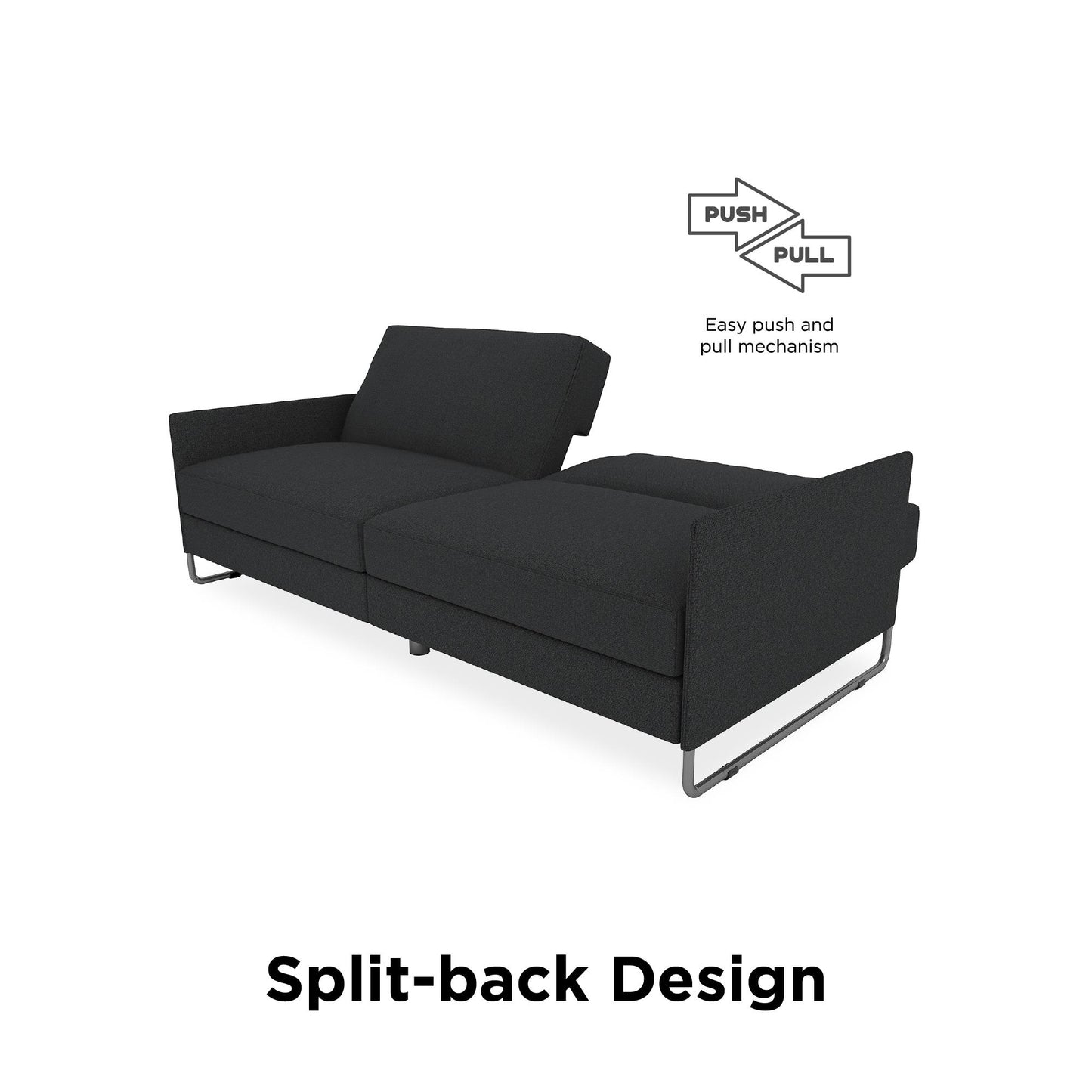 Pembroke Convertible Futon with Armrests and Metal Sleigh Legs - Grey Linen