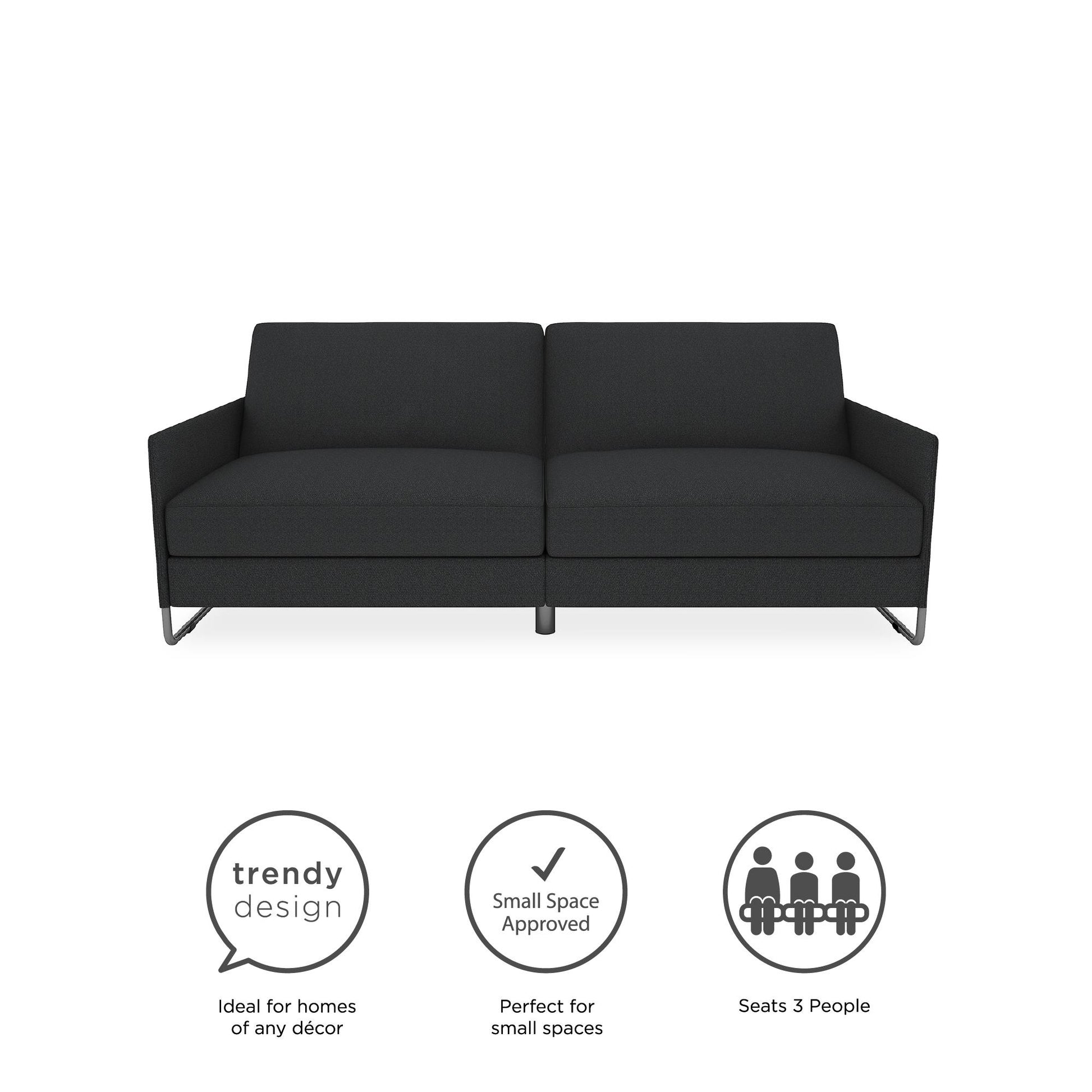 Pembroke Convertible Futon with Armrests and Metal Sleigh Legs - Grey Linen