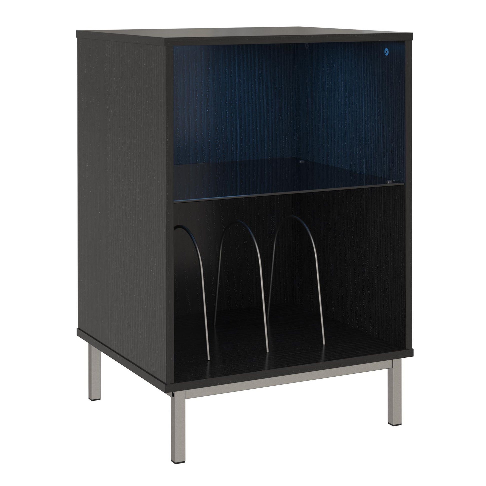 Lumina Turntable Stand with 2 Shelves and LED Lights - Black Oak