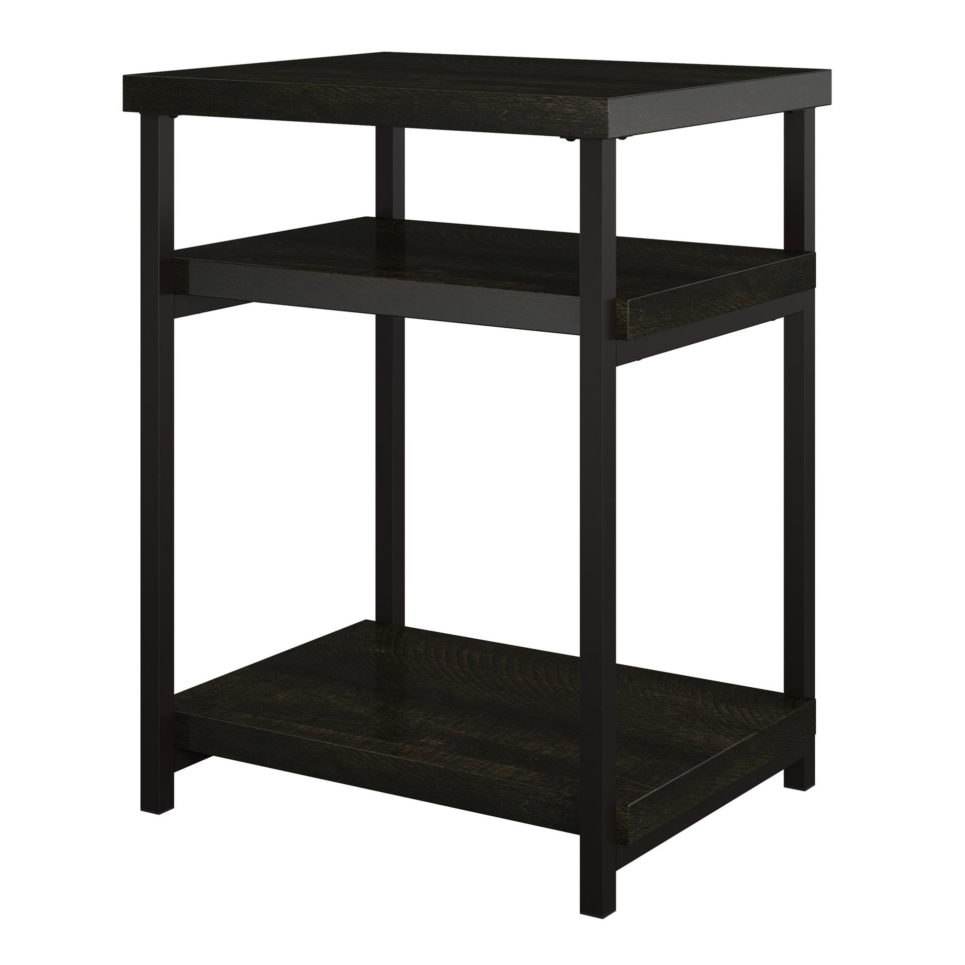 Elmwood End Table with 2 Lower Shelves and Metal Frame - Brown Oak