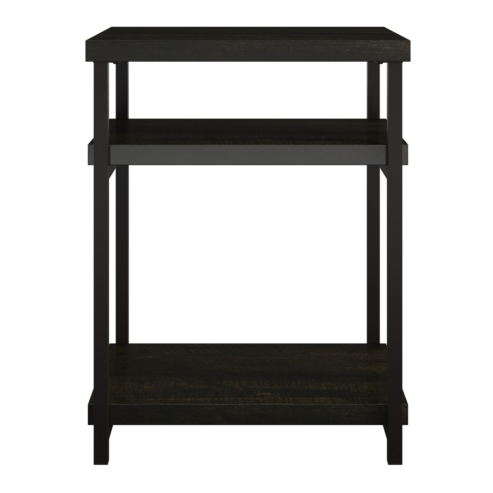 Elmwood End Table with 2 Lower Shelves and Metal Frame - Brown Oak