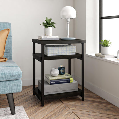 Elmwood End Table with 2 Lower Shelves and Metal Frame - Brown Oak