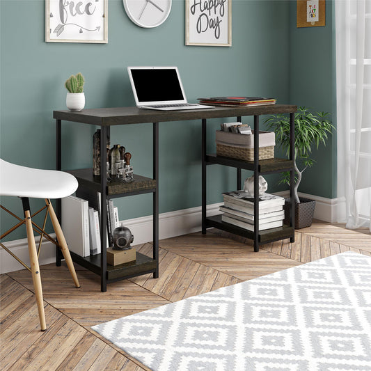 Elmwood Double Pedestal Computer Desk with 4 Side Shelves - Brown Oak
