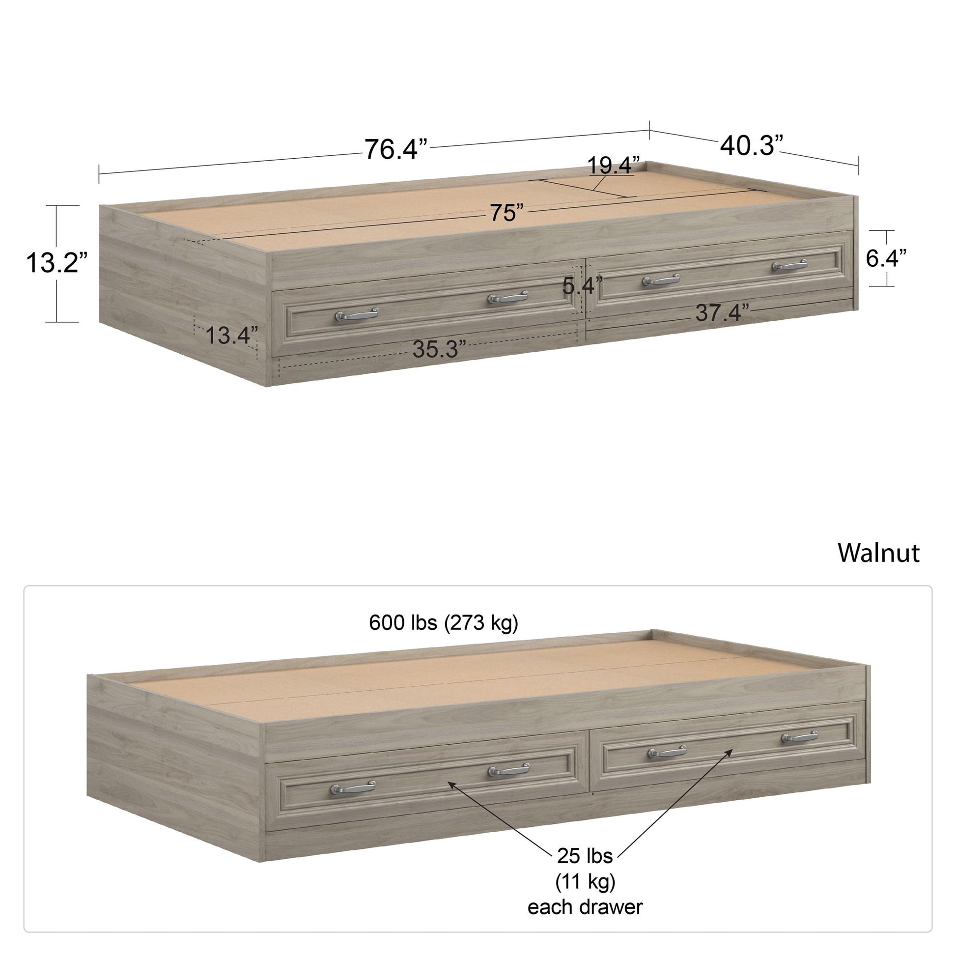 Sierra Ridge Levi Bed with 2 Large Storage Drawers - Light Walnut - Twin