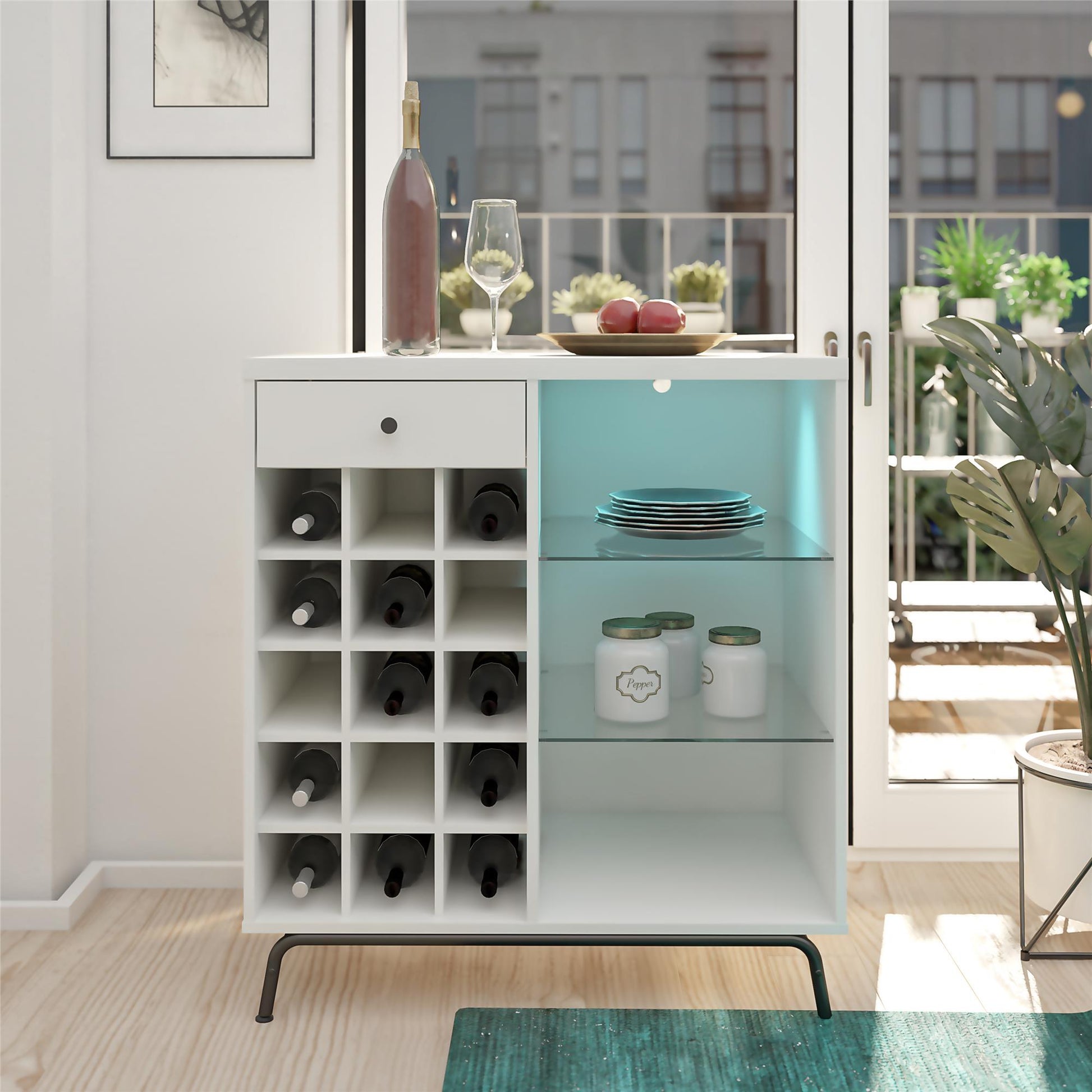 Melbourne Bar Cabinet with LED Lighting and 15 Bottle Compartments - White