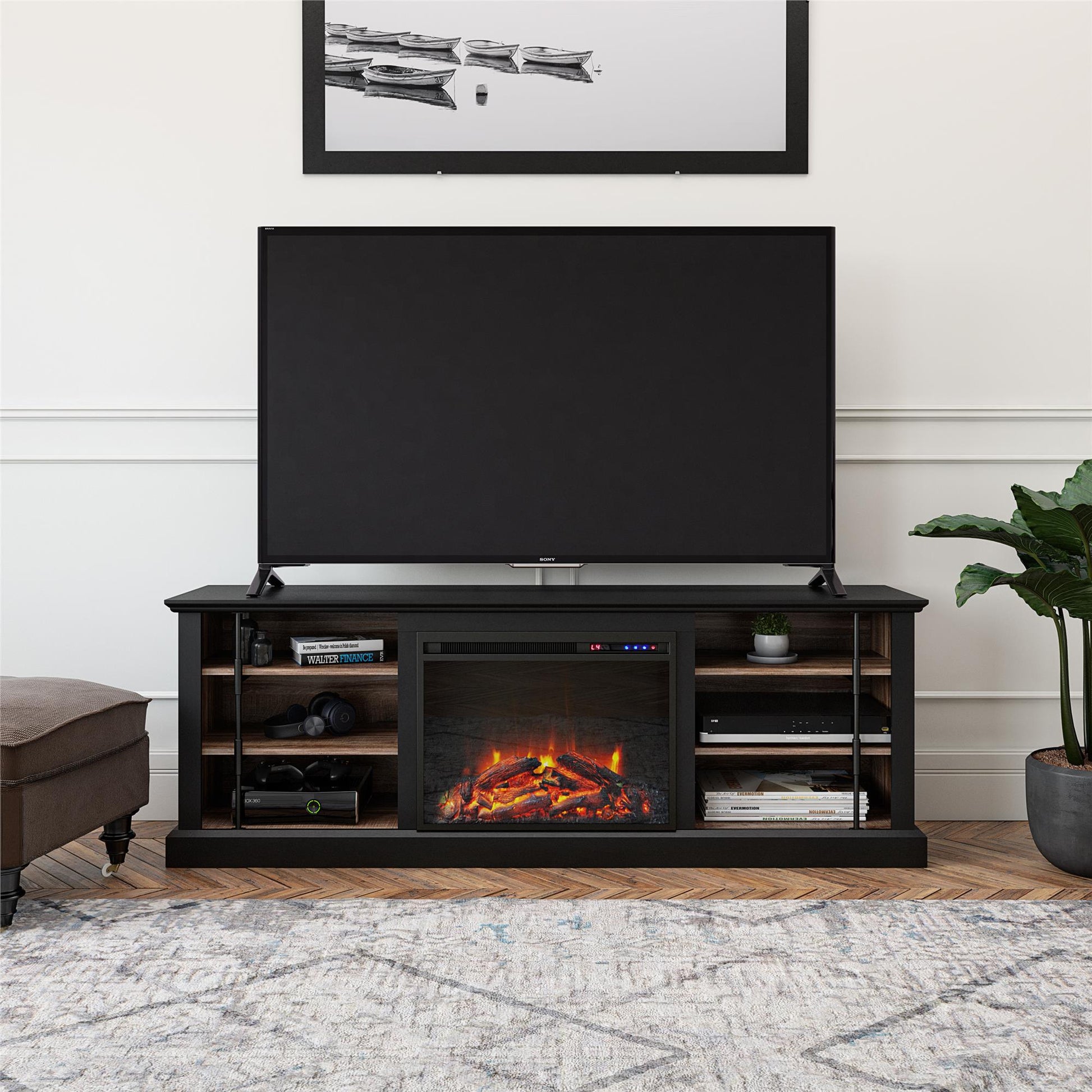 Hoffman Fireplace TV Stand for TVs up to 70 Inch with 23 Inch Fireplace Insert - Black