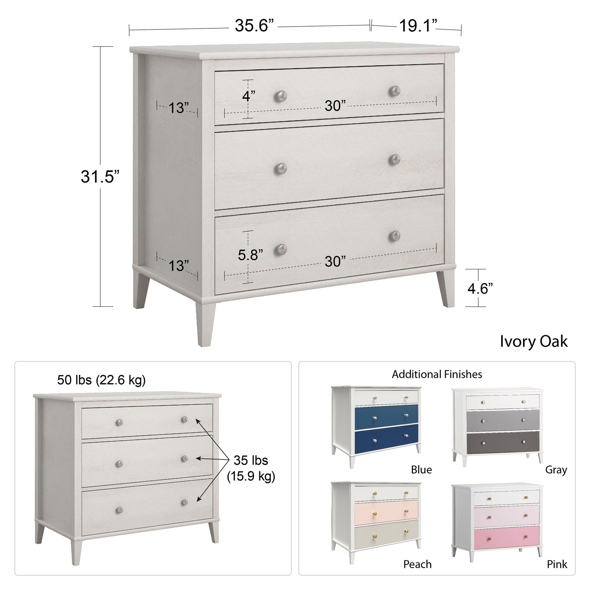 Monarch Hill Poppy 3 Drawer Dresser with 2 Sets of Knobs - Blue