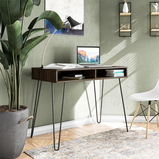 Atwood Computer Desk with Open Storage Shelves and Hairpin Legs - Florence Walnut