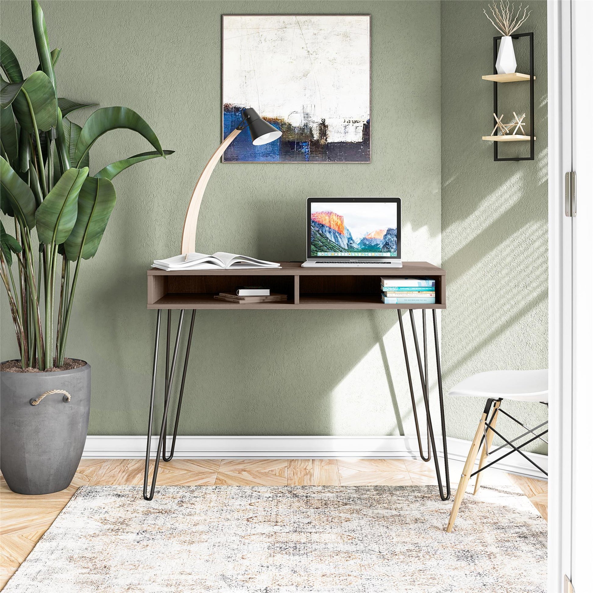 Atwood Computer Desk with Open Storage Shelves and Hairpin Legs - Weathered Oak