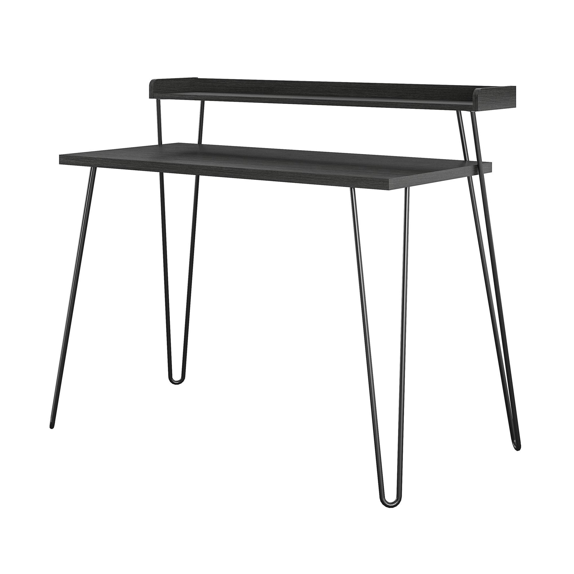 Haven Retro Computer Desk with Riser and Metal Hairpin Legs - Black Oak