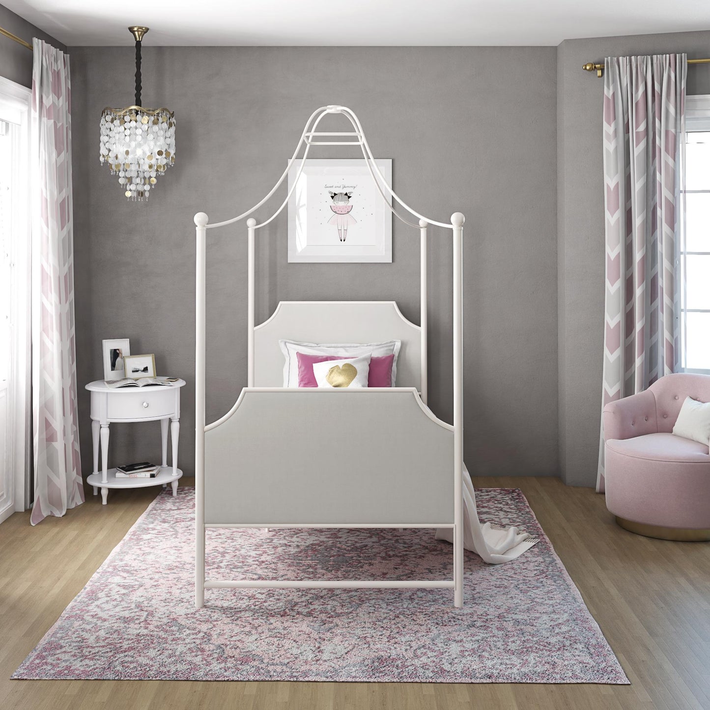 Monarch Hill Clementine Canopy Bed with Linen Headboard and Footboard - White - Twin