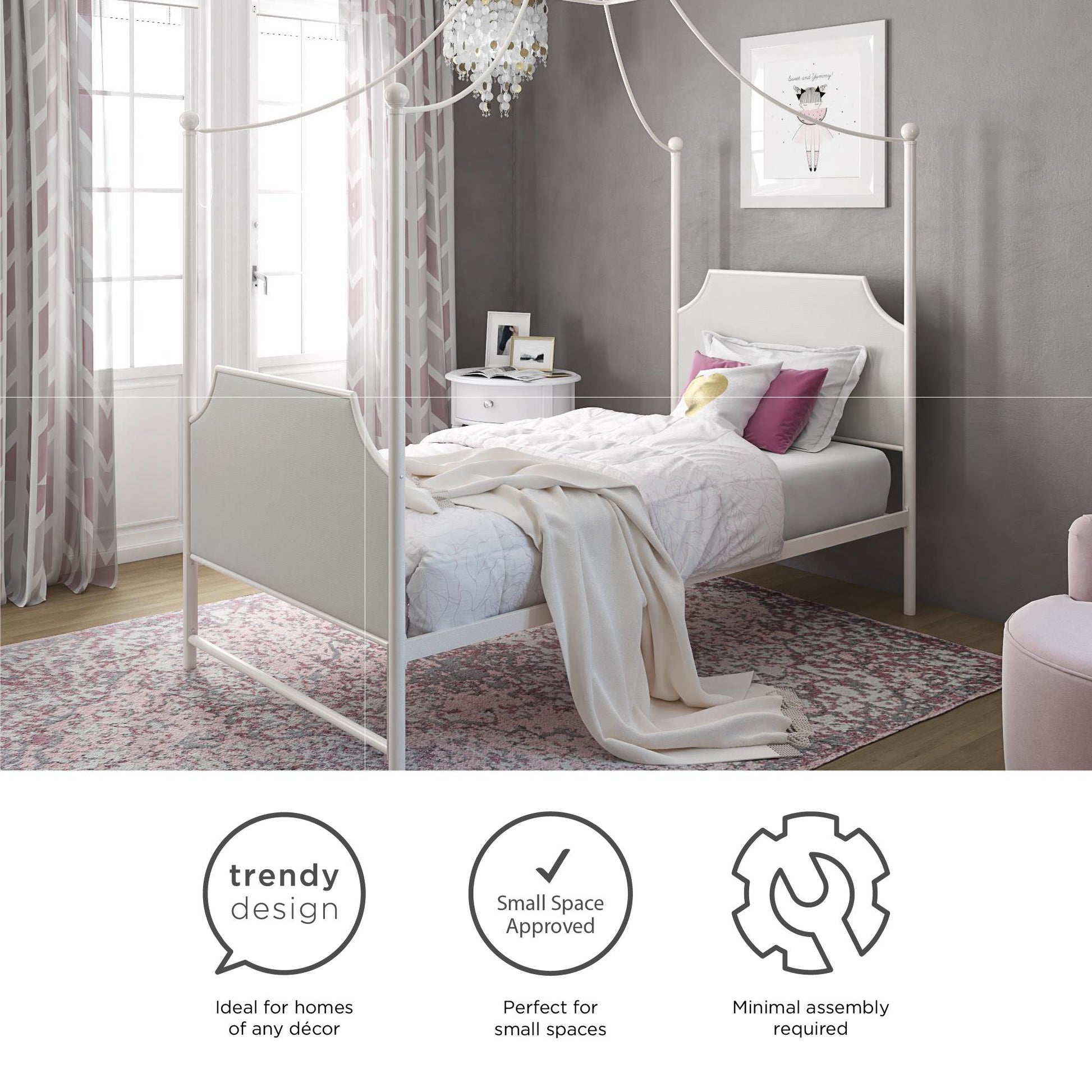Monarch Hill Clementine Canopy Bed with Linen Headboard and Footboard - White - Twin