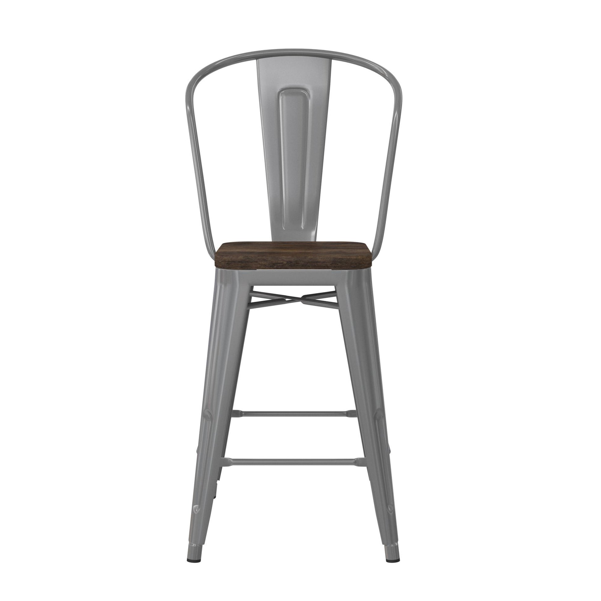 Luxor 24 Inch Metal Counter Stool with Wood Seat, Set of 2 - Silver