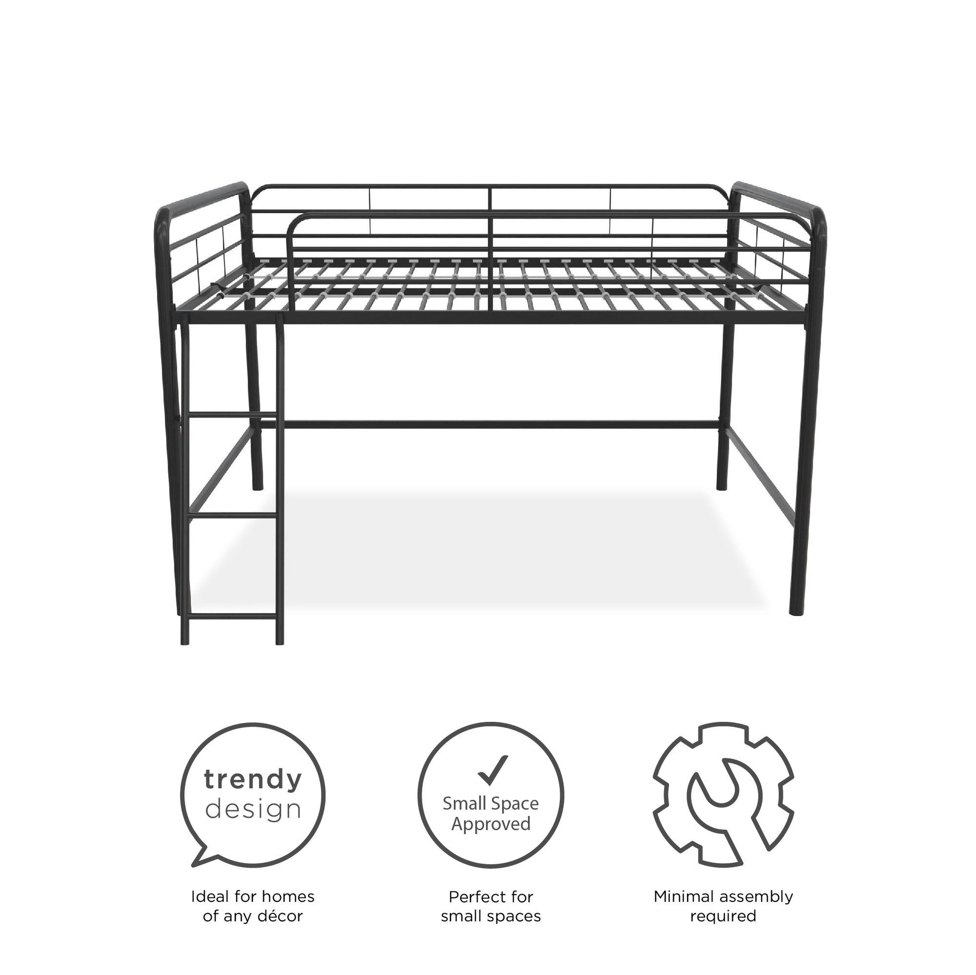 Jett Junior Full Metal Loft Bed with 3 Step Ladder - Black - Full