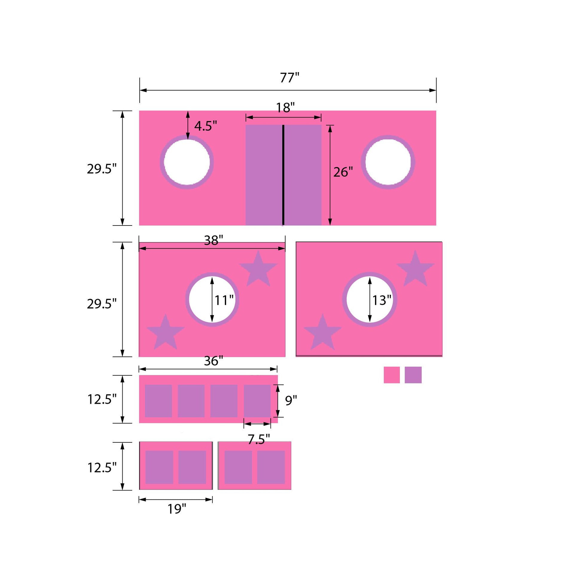 Junior Loft Bed Curtain Set with Windows and Storage Pockets - Pink